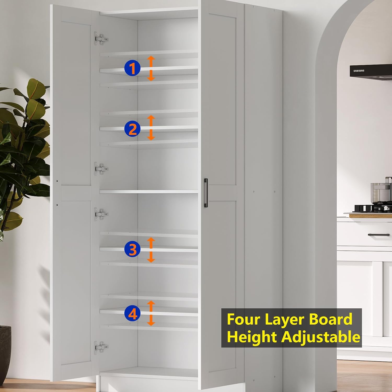 White Tall Kitchen Pantry Cabinet Organizers and Storage with Doors and Adjustable Shelves，Wood Large Gabinetes Para Cocina Office Bookshelf for Laundry Room Cabinets (31.5'W*15.7'D*71'H)