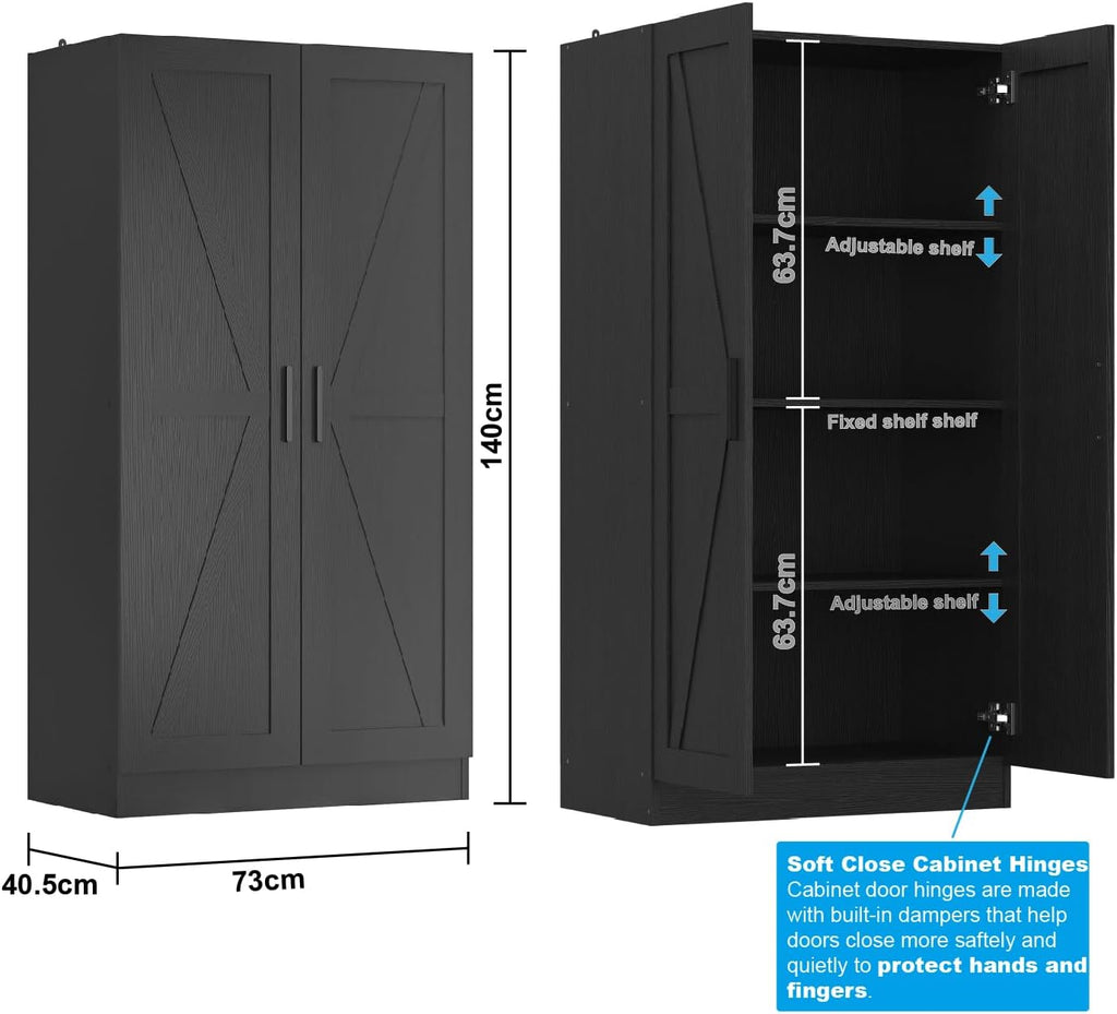 Wooden Storage Cabinet, Collection Food Pantry Narrow Cabinet Free Standing with 2 Doors and 3 Shelves Tool Cabinet, for Kitchens, Living Room, Utility Rooms (Black)