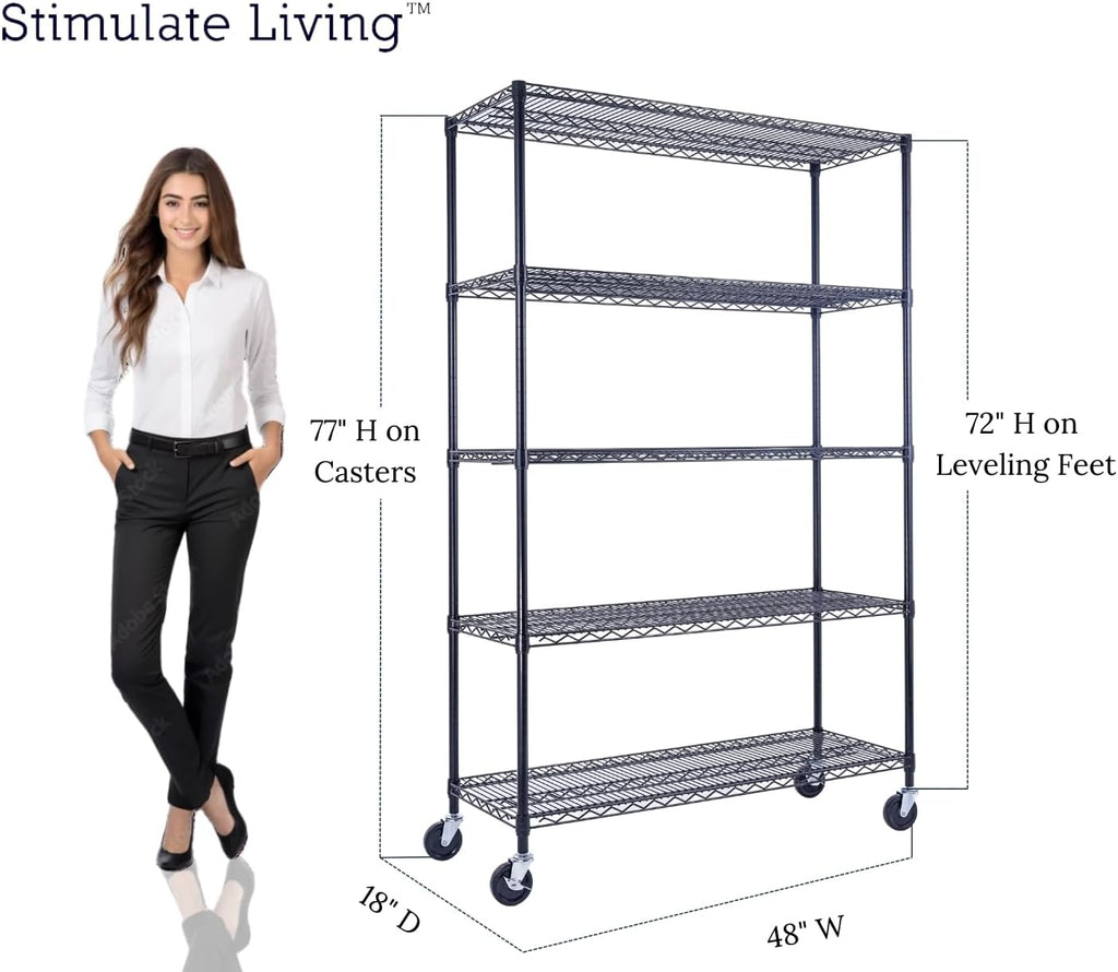 48'x18'x72' PRIME HEAVY DUTY Black 5-Tier Wire Shelving NSF 4000 LBS MAX Capacity Storage Rack for Commercial, School, Home, Garage, Warehouse, Industrial, and Hospital Uses (with Wheels)