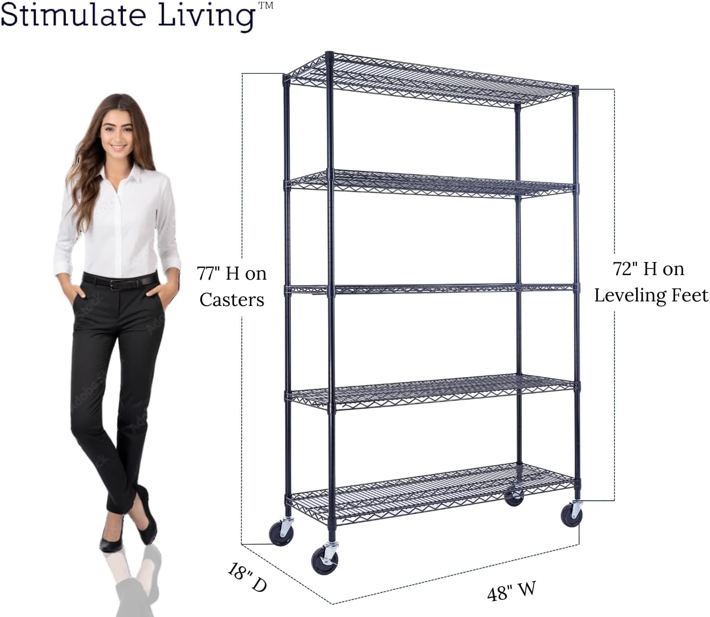 48'x18'x72' PRIME HEAVY DUTY Black 5-Tier Wire Shelving NSF 4000 LBS MAX Capacity Storage Rack for Commercial, School, Home, Garage, Warehouse, Industrial, and Hospital Uses (with Wheels)
