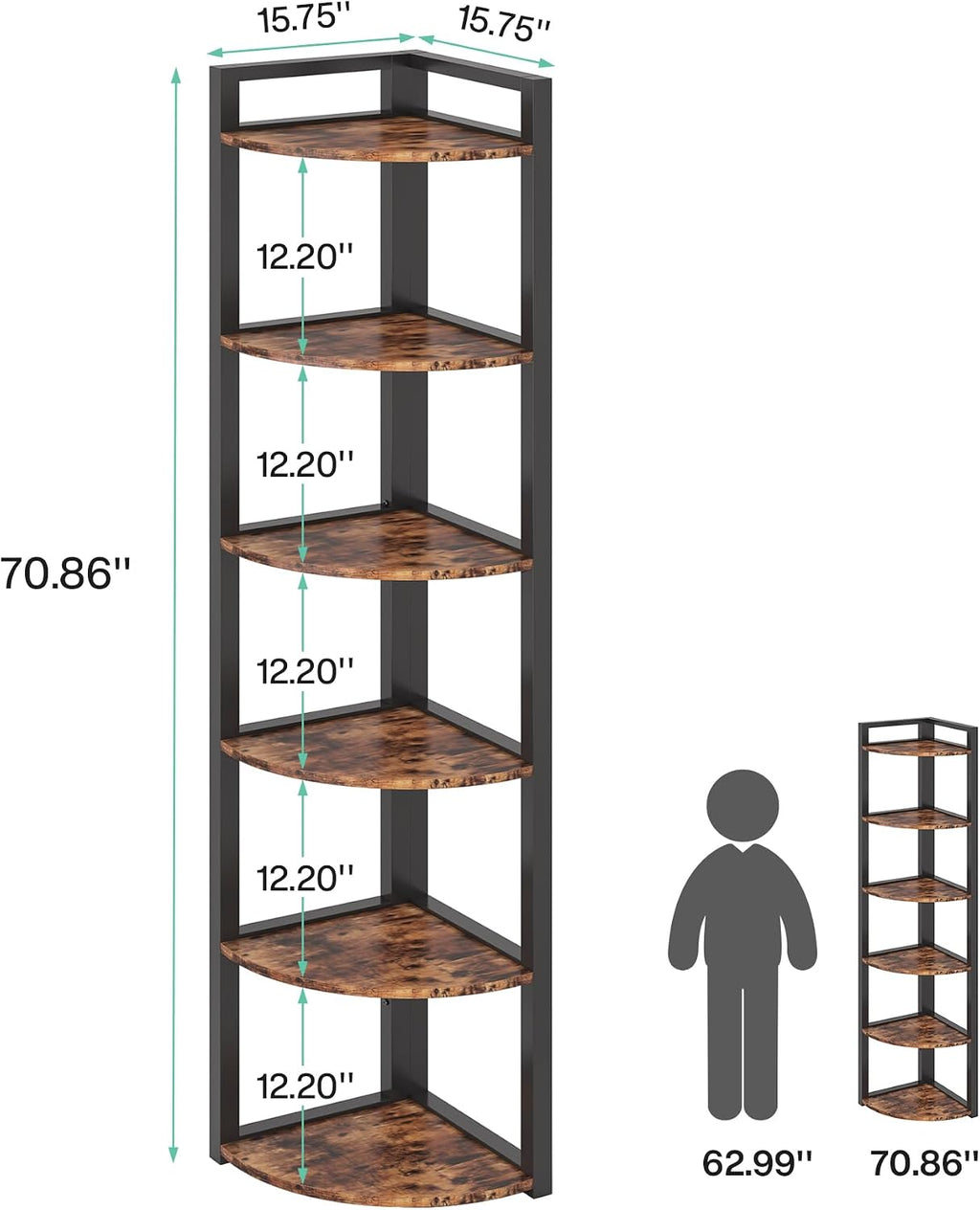TRIBESIGNS WAY TO ORIGIN Corner Shelf, 70.9 Inch Tall Corner Bookshelf, 6 Tier Ladder Shelf with Metal Frames Multifunctional Modern Bookcase for Living Room, Home Office, Kitchen, Small Space (Brown)