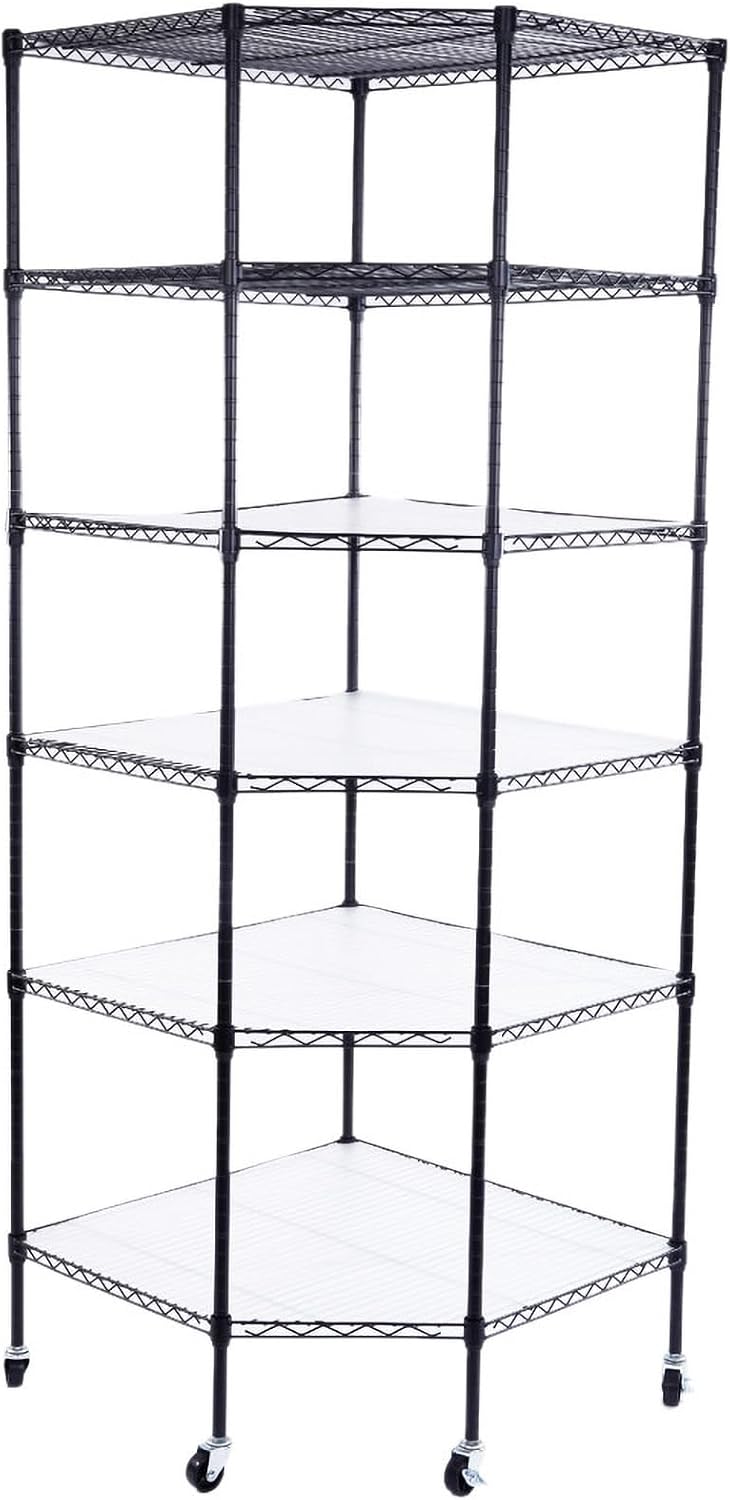 Bonnlo 6-Tier Rolling Heavy Duty Commercial Polygonal Corner Shelf Wire Shelving Unit Adjustable Storage Rack Free Standing Garage with 5 Wheels 26 4/5' L x 26 4/5' W x 71' H Inches (Black)
