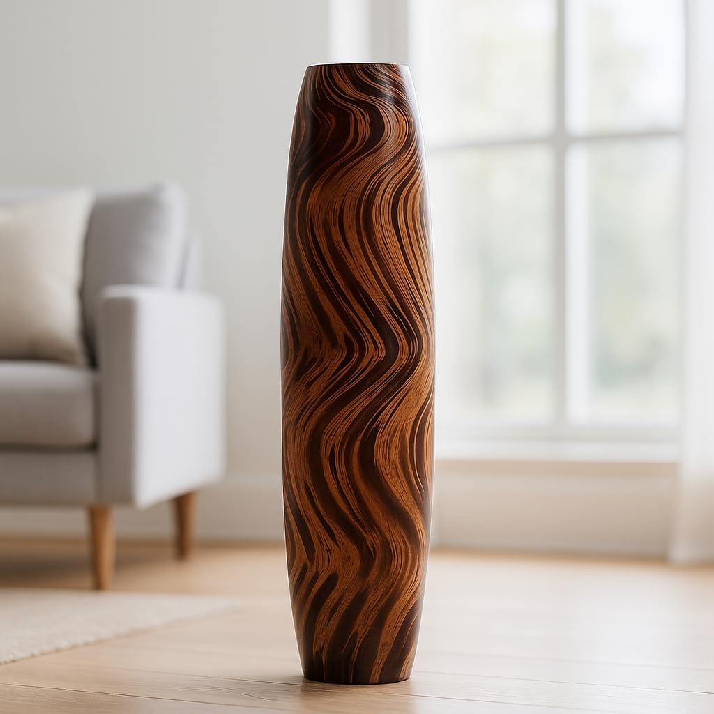 Leewadee Large Brown Home Decor Floor Vase - Wooden 34 inch Tall Farmhouse Decor Flower Holder for Fake Plant and Pampas Grass