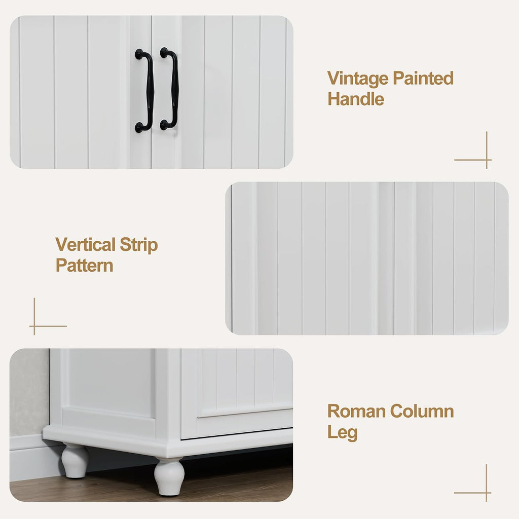 Scurrty Sideboard Buffet Cabinet, 62'' Large Storage Cabinet with Drawers and 4 Doors, Vintage Coffee Bar Cabinets with Adjustable Shelf for Kitchen, Living Room, White