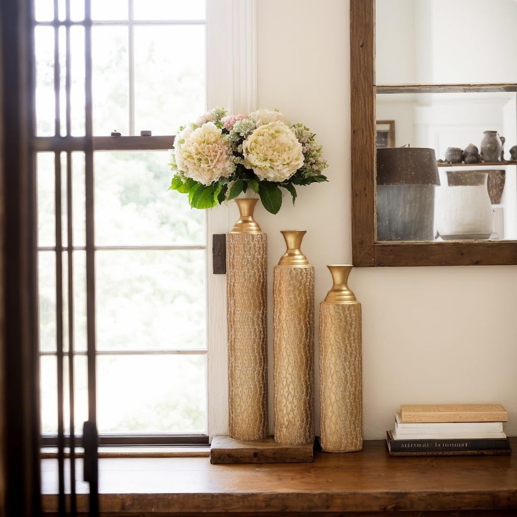 Floor Vases Decorative Tall - 34/29/25in Metal Extra Large Decorative Vase Set of 3, Gold Tall Floor Vase for Home Decor, Living Room Entryway Decor Dining Bedroom Home Corner Indoor Office
