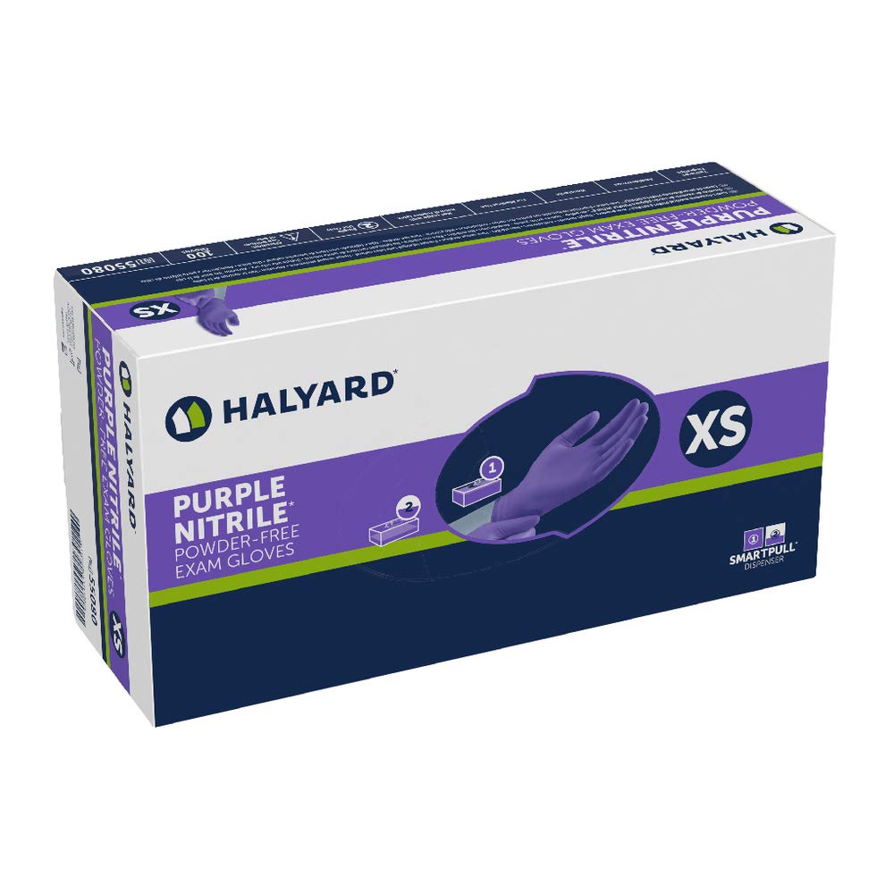 Halyard Health 55080 NITRILE Exam Glove, Powder-Free, Non-Sterile, 9.5' Length, X-Small, Purple (2 Boxes of 500, 1000 Total)