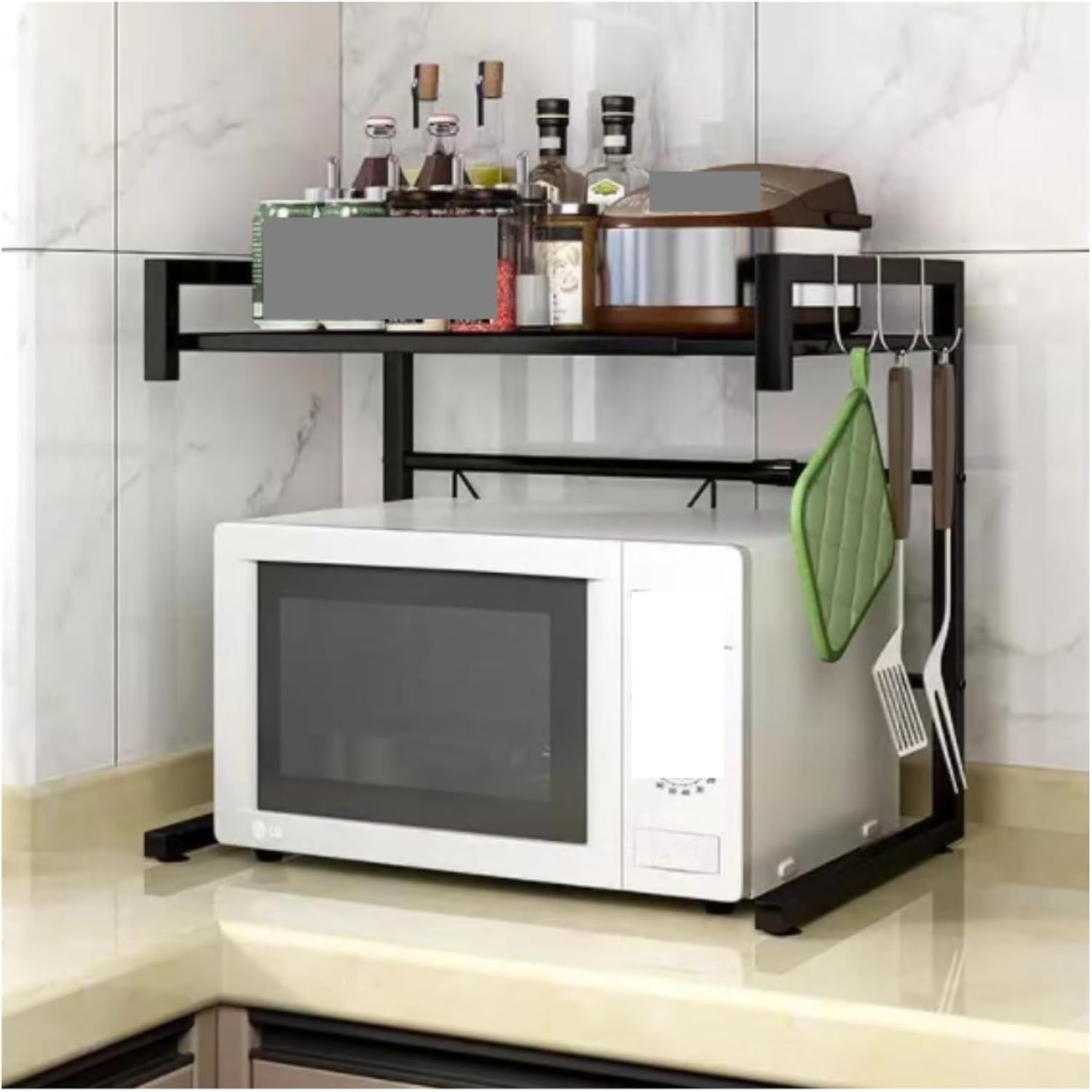 Microwave Oven Rack,Adjustable Kitchen Baker's Rack - Expandable Microwave Shelf & Modern Countertop Organizer for Rice Cookers, Kitchen Storage Solutions & Utensil Holder (Black)
