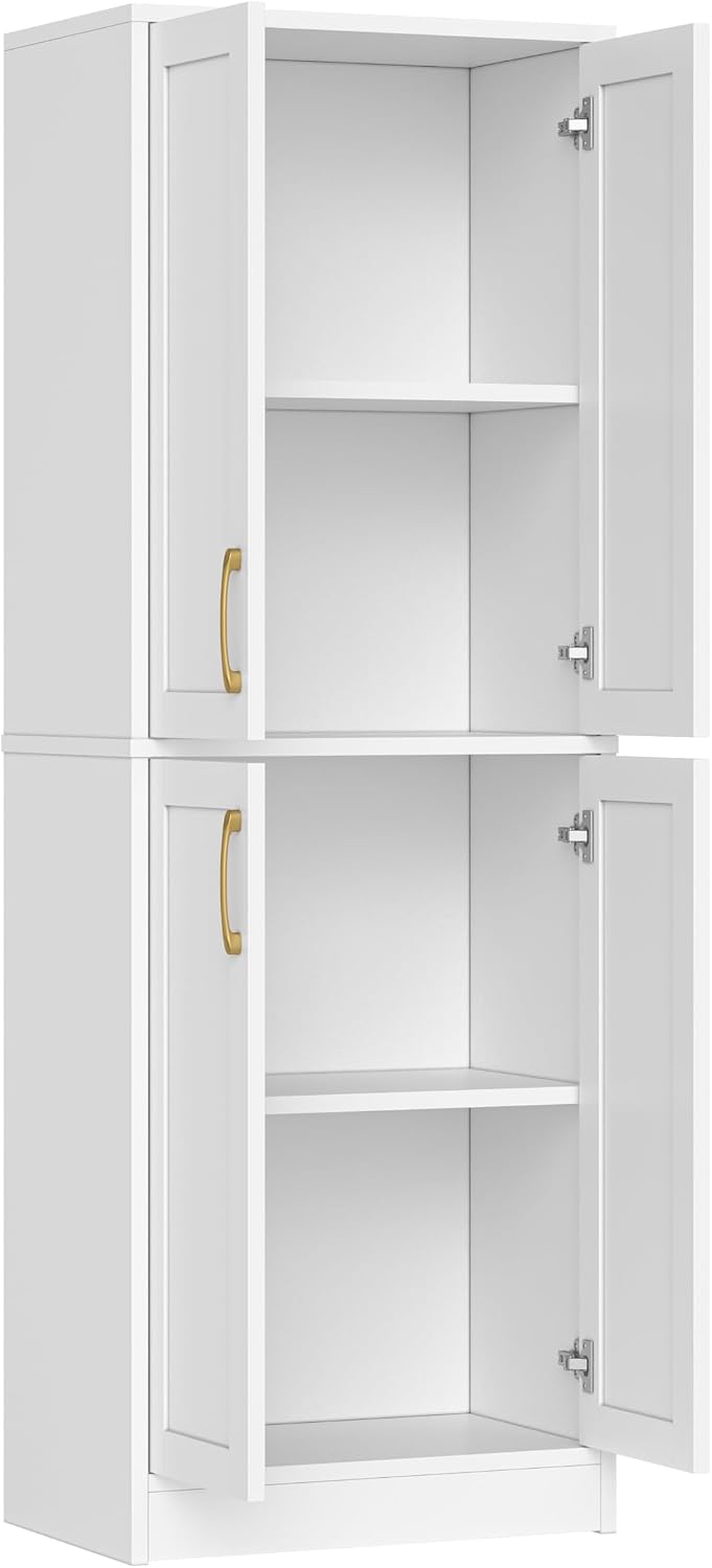 Pantry - Kitchen Pantry Cabinet with 4 Doors and Adjustable Shelves, Tall Black Cabinet Freestanding Storage Cupboard for Dining Room Living Room, Laundry, Bathroom (White)
