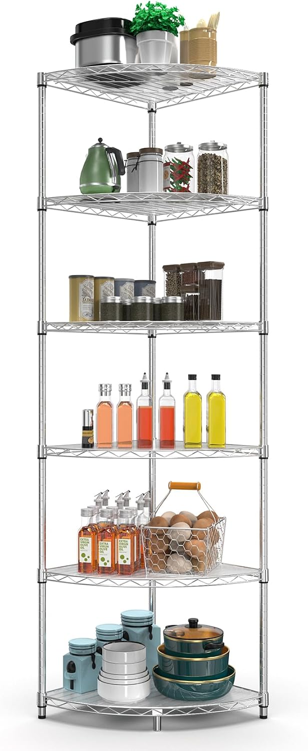 6 Tier NSF Corner Wire Shelf Shelving Unit, 18 x 18 x 72 Inch 420lbs Capacity Heavy Duty Adjustable Metal Storage Rack with Leveling Feet & Shelf Liners for Office Kitchen Bathroom and More - Chrome