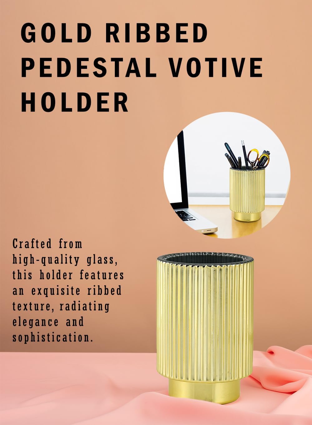 Serene Spaces Living Gold Ribbed Pedestal Glass Votive Holder, Table Centerpiece, Home, Office, Wedding, Birthday, Holiday & Special Events Decor, 3.5' Diameter & 5' Tall, Pack of 24