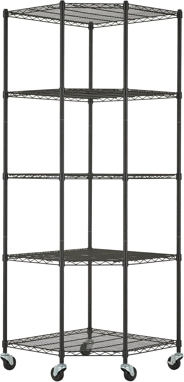 5-Tier Adjustable Wire Shelving with Wheels, Corner Wire Shelf Rack for Kitchen Organization, Garage Storage, 400 to 2000lb Capacity, NSF Certified, 27'x27 x18'x72', Black