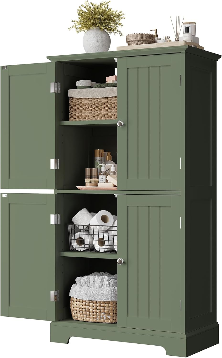 ChooChoo Bathroom Floor Cabinet, Modern Bathroom Storage Cabinet with 4 Doors and Adjustable Shelves, Freestanding Cupboard for Living Room, Green