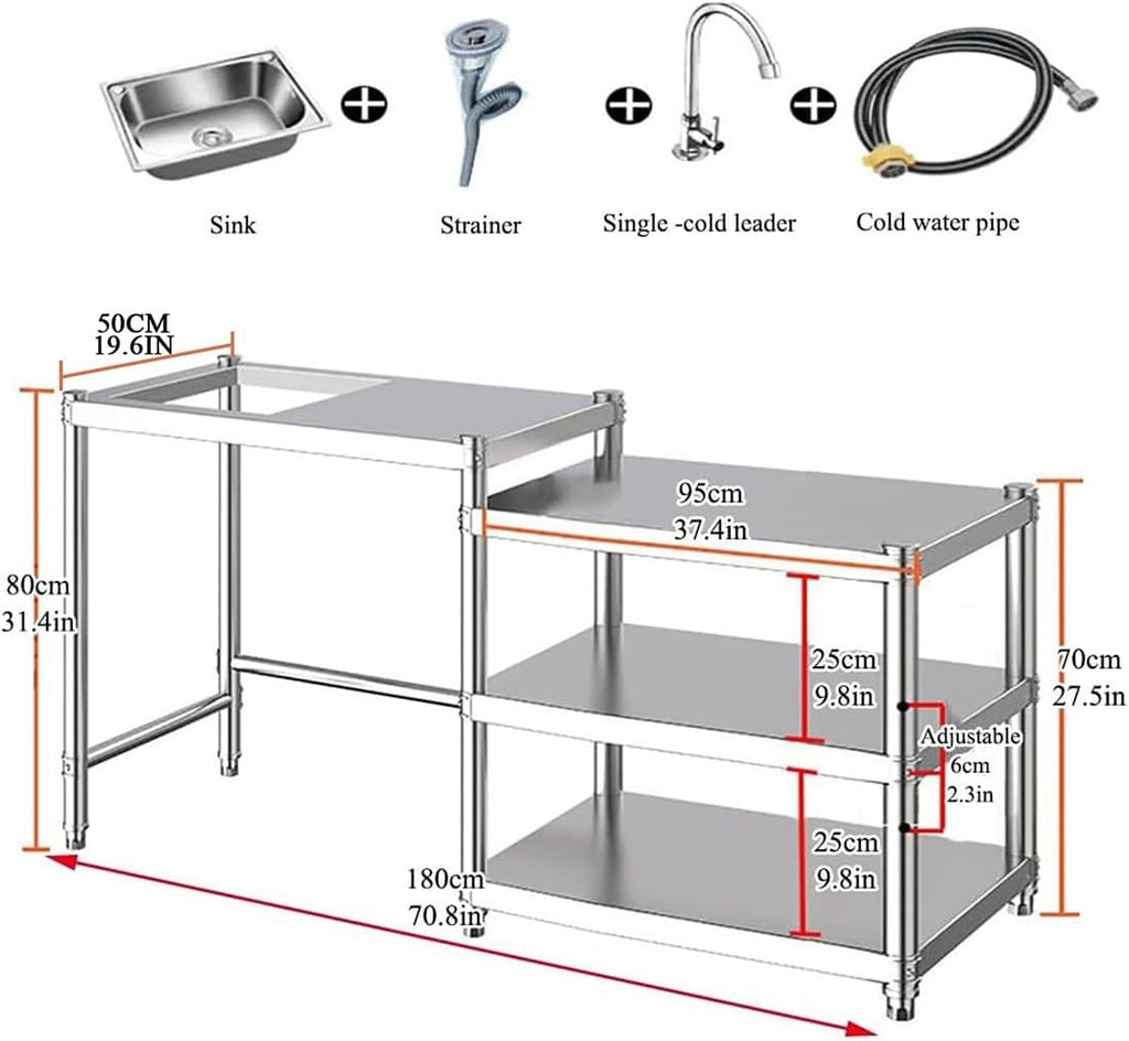 Stainless Steel Kitchen Prep Table with Sink, 3-Tier Multi-functional Washing Hand Basin Station, Utility Free-standing Work Table & Storage Shelves for Backyard BBQ, Garage, Garden