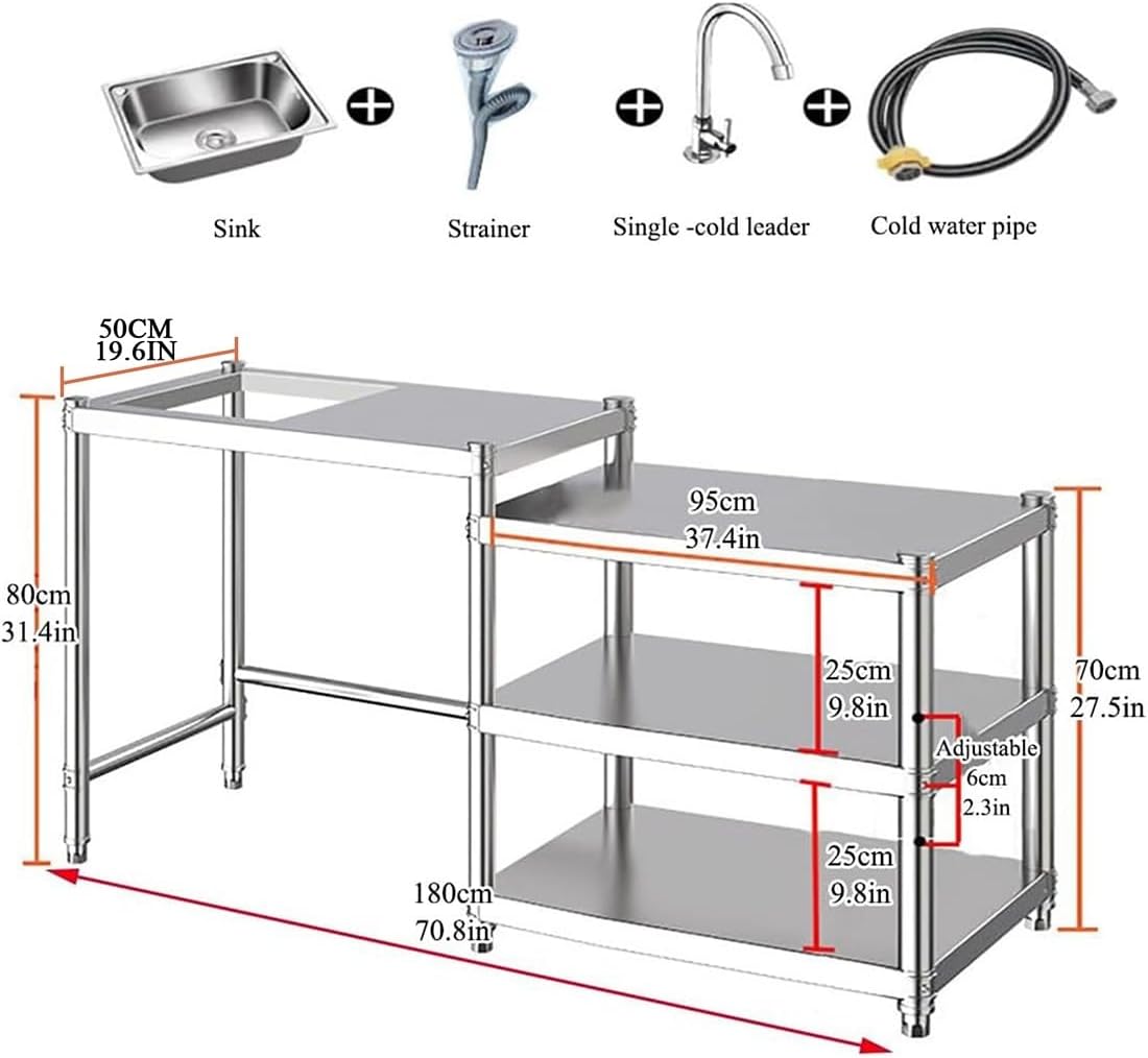 Stainless Steel Kitchen Prep Table with Sink, 3-Tier Multi-functional Washing Hand Basin Station, Utility Free-standing Work Table & Storage Shelves for Backyard BBQ, Garage, Garden