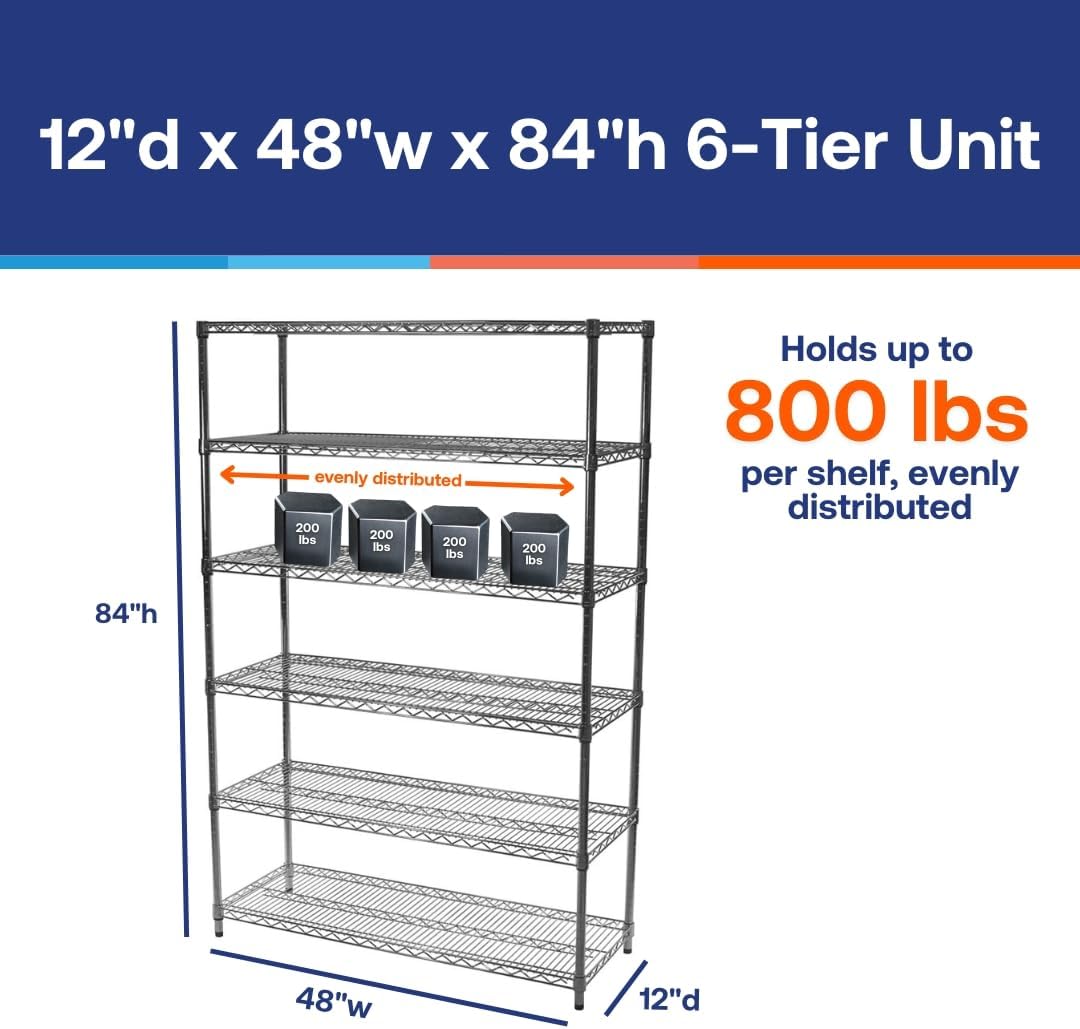 SI Shelving Inc.12 d x 48' w x 84' h Chrome Wire Shelving with 6 Tier Shelves, Weight Capacity 800lbs Per Shelf