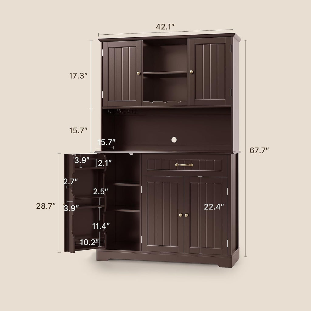 Gizoon Kitchen Hutch Cabinet Kitchen Hutch Storage Cabinet Tall Pantry Coffee Bar with Storage for Dining Room and Craft Room, Painted Dark Brown