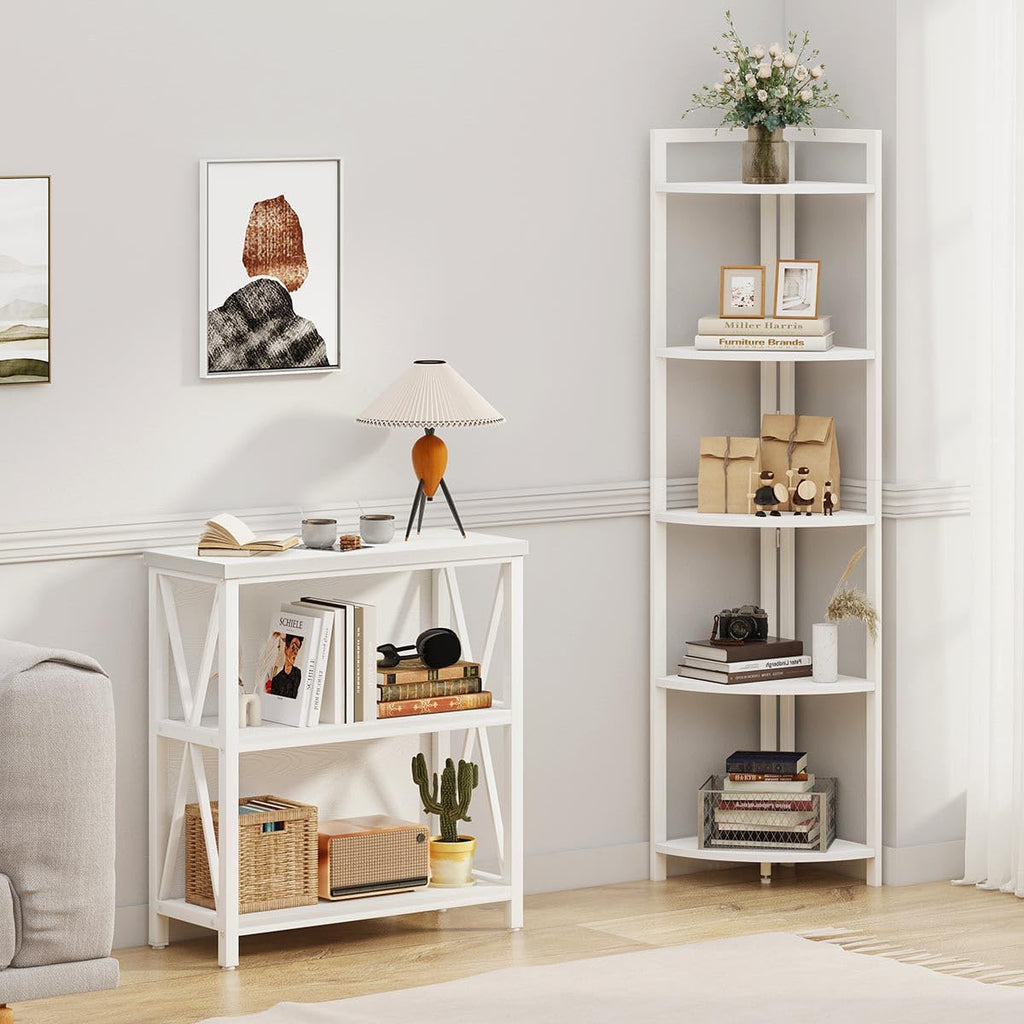 FATORRI Tall Corner Shelf, 5 Tier Modern Corner Bookshelf Stand, Wood and Metal Corner Plant Bookcase for Living Room, Home Office (White Oak)