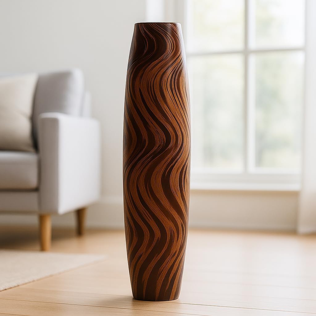 Leewadee Large Brown Home Decor Floor Vase - Wooden 26 inch Tall Farmhouse Decor Flower Holder for Fake Plant and Pampas Grass