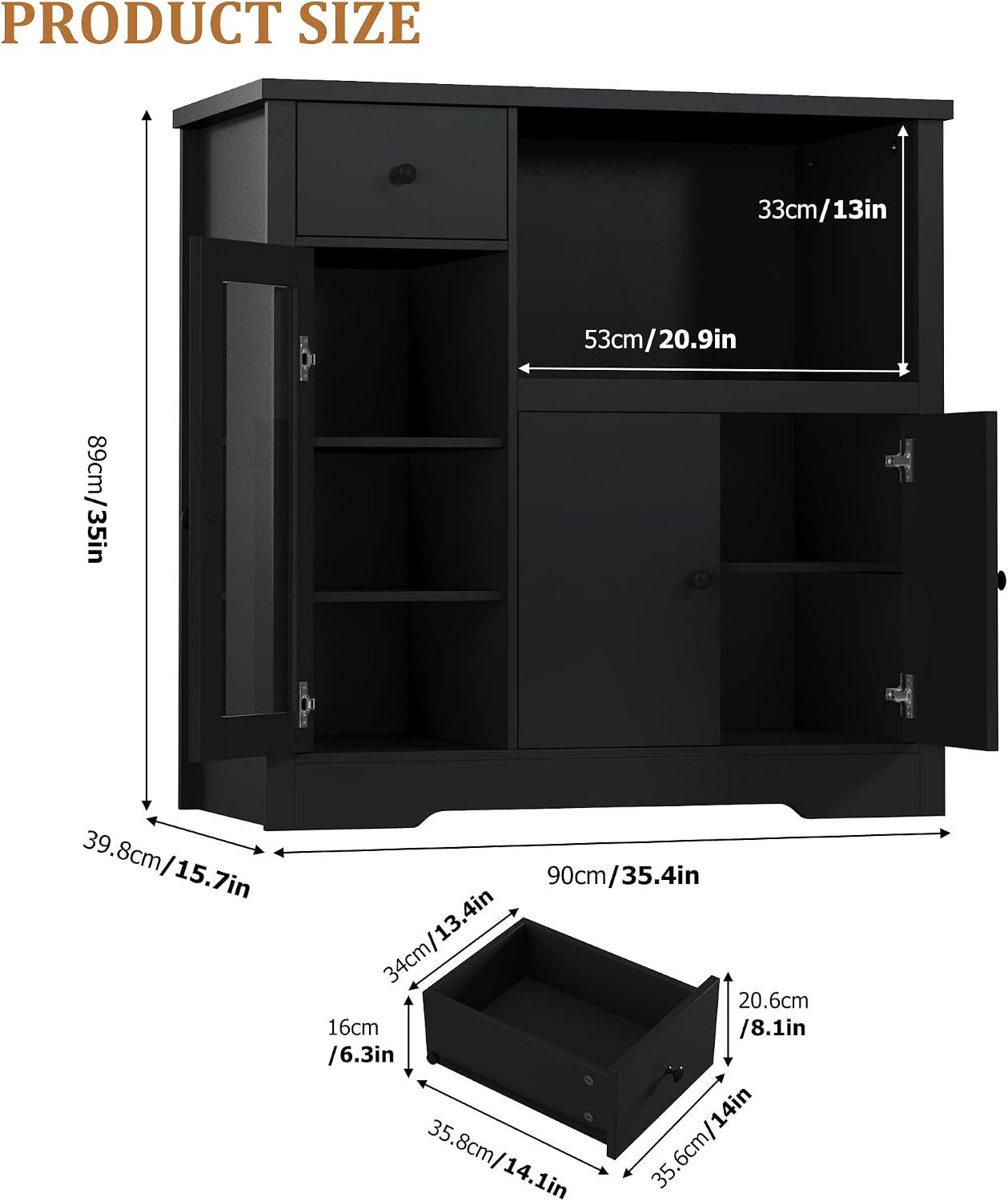 Senfot Kitchen Microwave Cabinet with Storage and Drawers, Modern Small Buffet Cabinet with Glass Doors and Adjustable Shelf, Wooden Sideboard with Wide Top for Dining Room, Living Room, Black