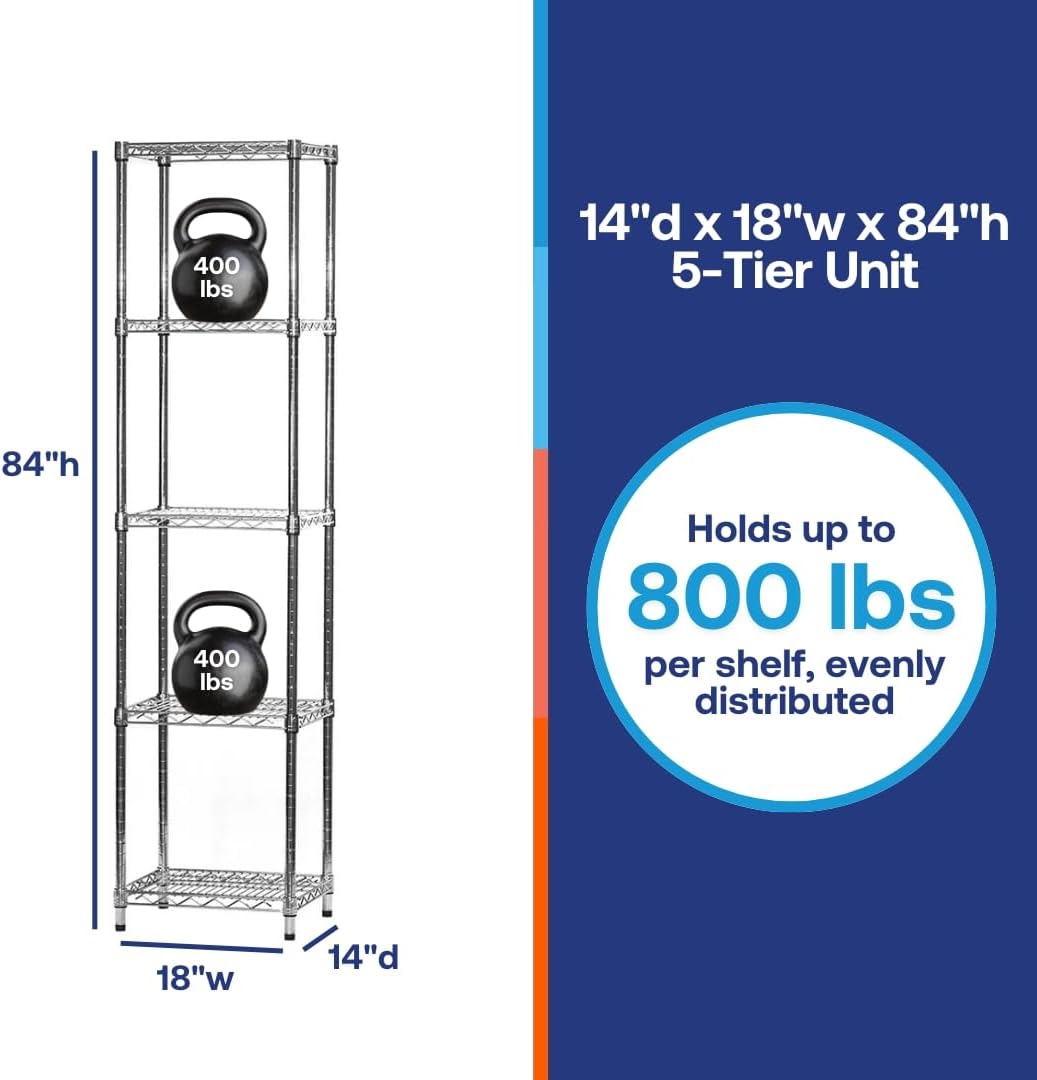 Shelving Inc. 14' d x 18' w x 84' h Chrome Wire Shelving with 5 Tier Shelves, Weight Capacity 800lbs Per Shelf