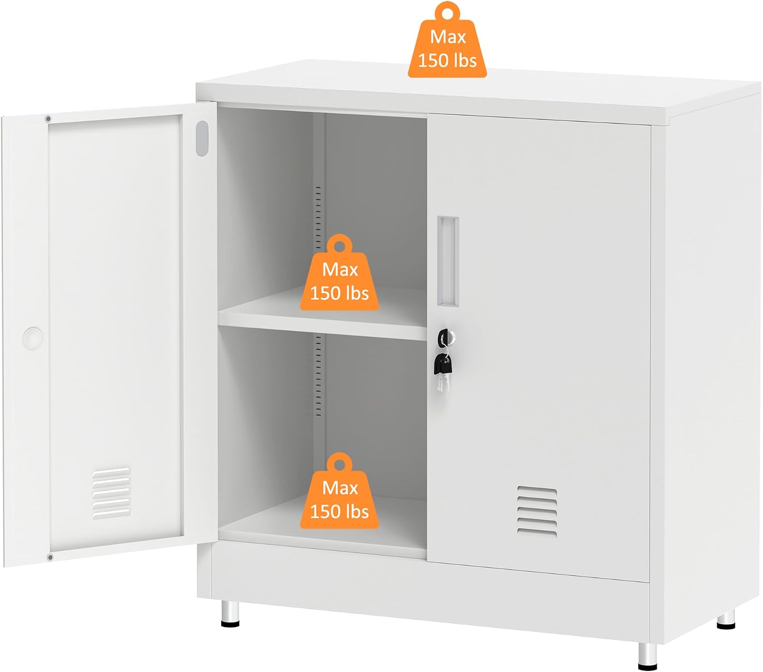 Metal Storage Cabinet with Locking Doors and Adjustable Shelf, Small Lockable Sideboard Buffet Cabinet for Home, Office, Entryway, Hallway, Living Room, Kitchen and Dining Room, White