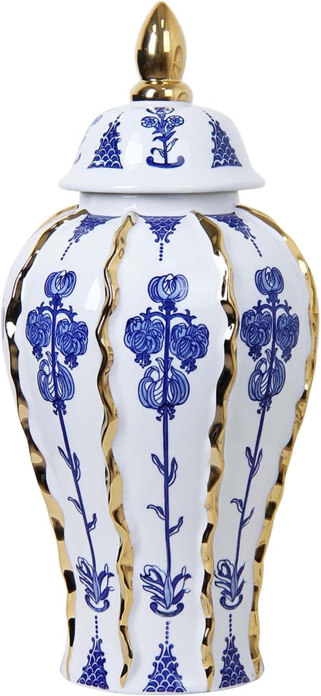 Blue and White Ginger Jar with lid, 18 Inch Large Ceramic Vase for pampas grass, Luxury Home Decor White Gold Tall Flower Vase for Living Room Kitchen Centerpiece, Hotel Wedding Decor