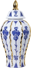 Blue and White Ginger Jar with lid, 18 Inch Large Ceramic Vase for pampas grass, Luxury Home Decor White Gold Tall Flower Vase for Living Room Kitchen Centerpiece, Hotel Wedding Decor