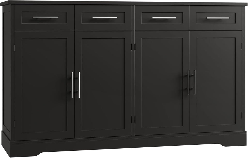 HOSTACK 60' Large Buffet Sideboard with Storage, 36' Tall Kitchen Buffet Storage Cabinet with 4 Drawer, Modern Coffee Bar Cabinet with Silver Handle, Long Sideboard Buffet Table for Kitchen, Black
