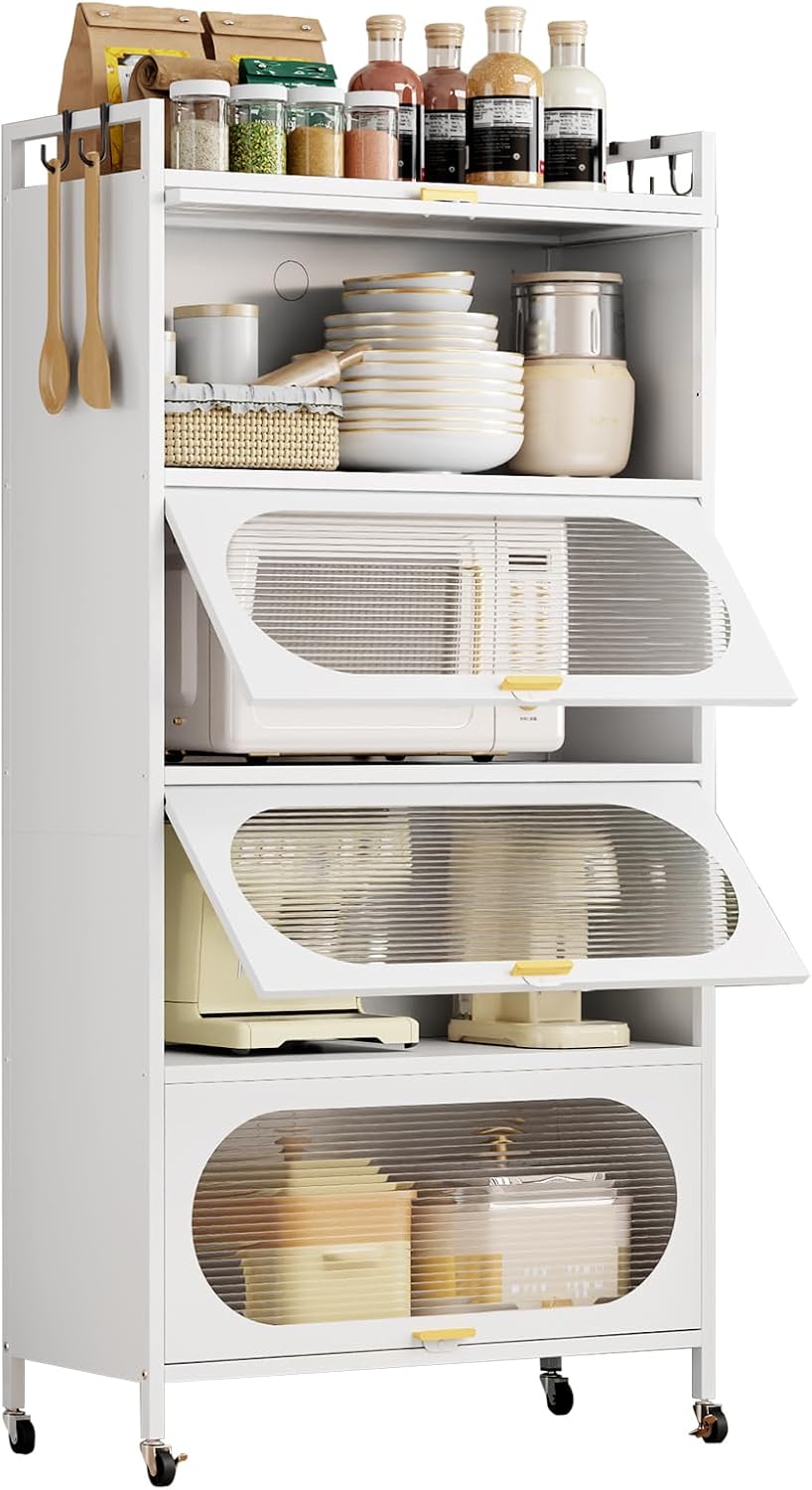 Dyoung 5-Tier Kitchen Pantry Storage Cabinet with Flip-up Doors, Metal Freestanding Cabinet with 4 Rooling Wheels, Bakers Rack with Storage Cabinet for Dining Study Kitchen Living Room (White)