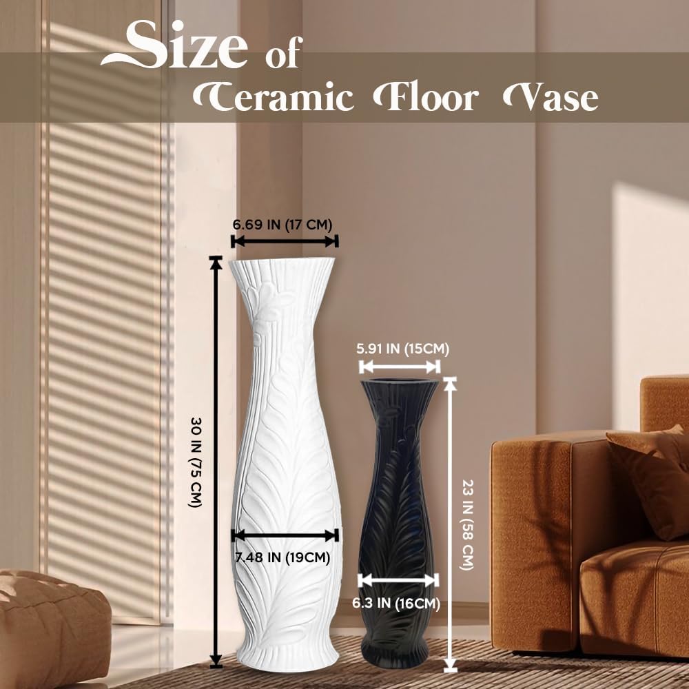 Tall White Floor Vase 30 Inches, Handmade Large Modern Ceramic Vases for Home Decor Living Room, Feather Pattern Decorative Vases Wide Mouth Opening Corner Vase for Pampas Grass