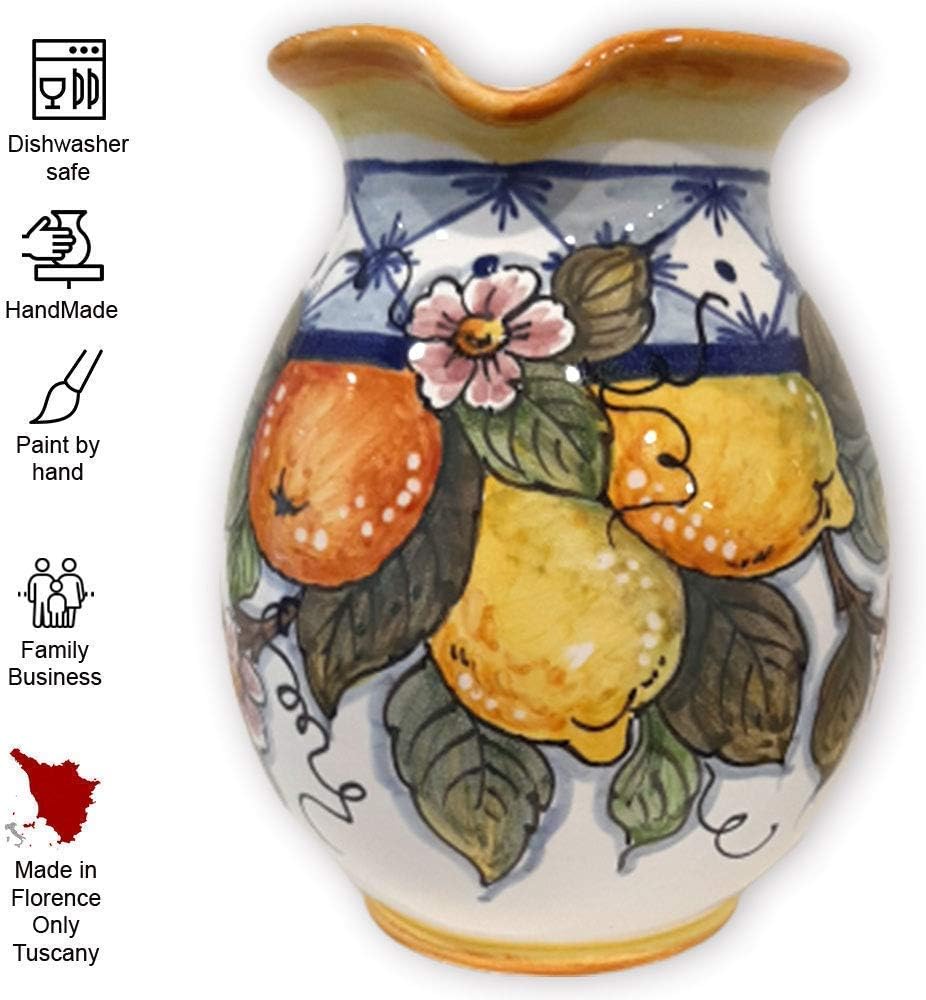 Italian Ceramic Pitcher Lemon - 33 oz Hand Painted Utensil Holder Or Carafe Design for Kitchen - Made in ITALY Tuscany - Italian Pottery Vase Jar for Wine - Home Decor Ceramics Dispenser