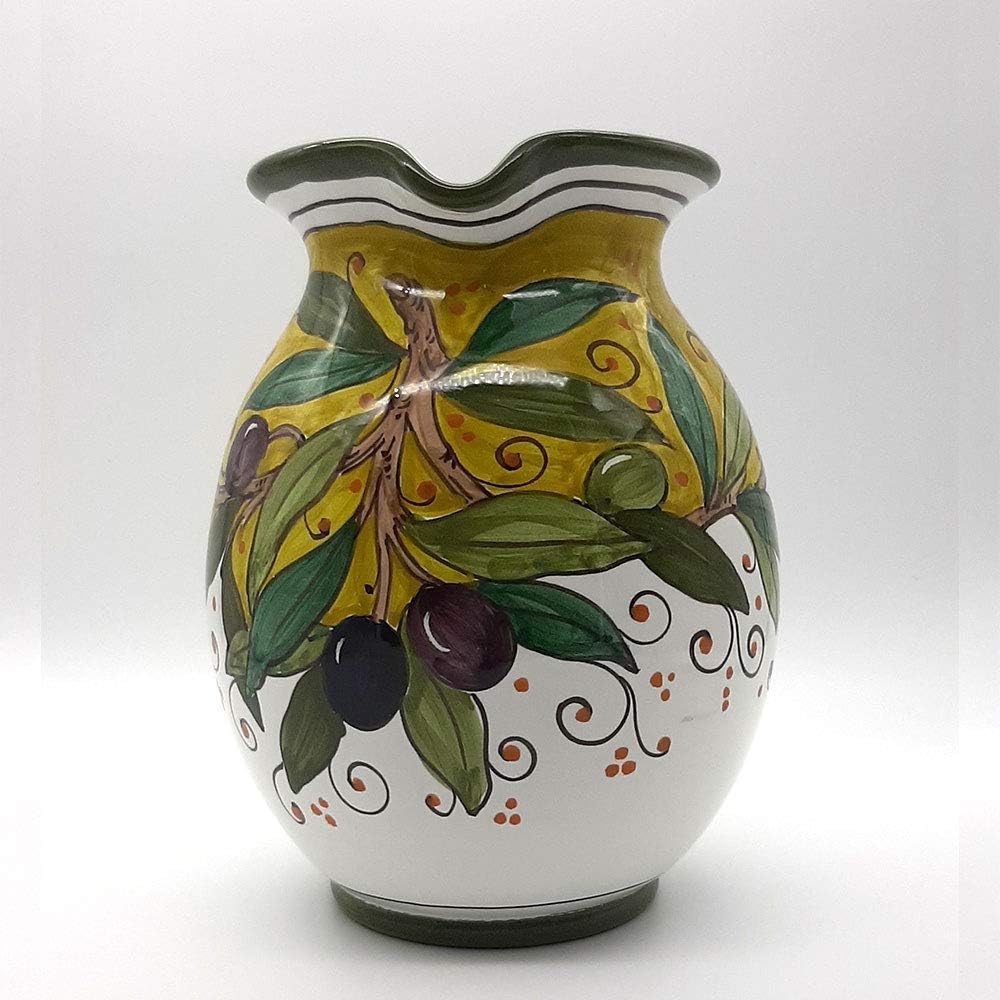 Italian Ceramic Pitcher Olive Green - 33 oz Hand Painted Utensil Holder Or Carafe Design for Kitchen - Made in ITALY Tuscany - Italian Pottery Vase Jar for Wine - Home Decor Ceramics Dispenser