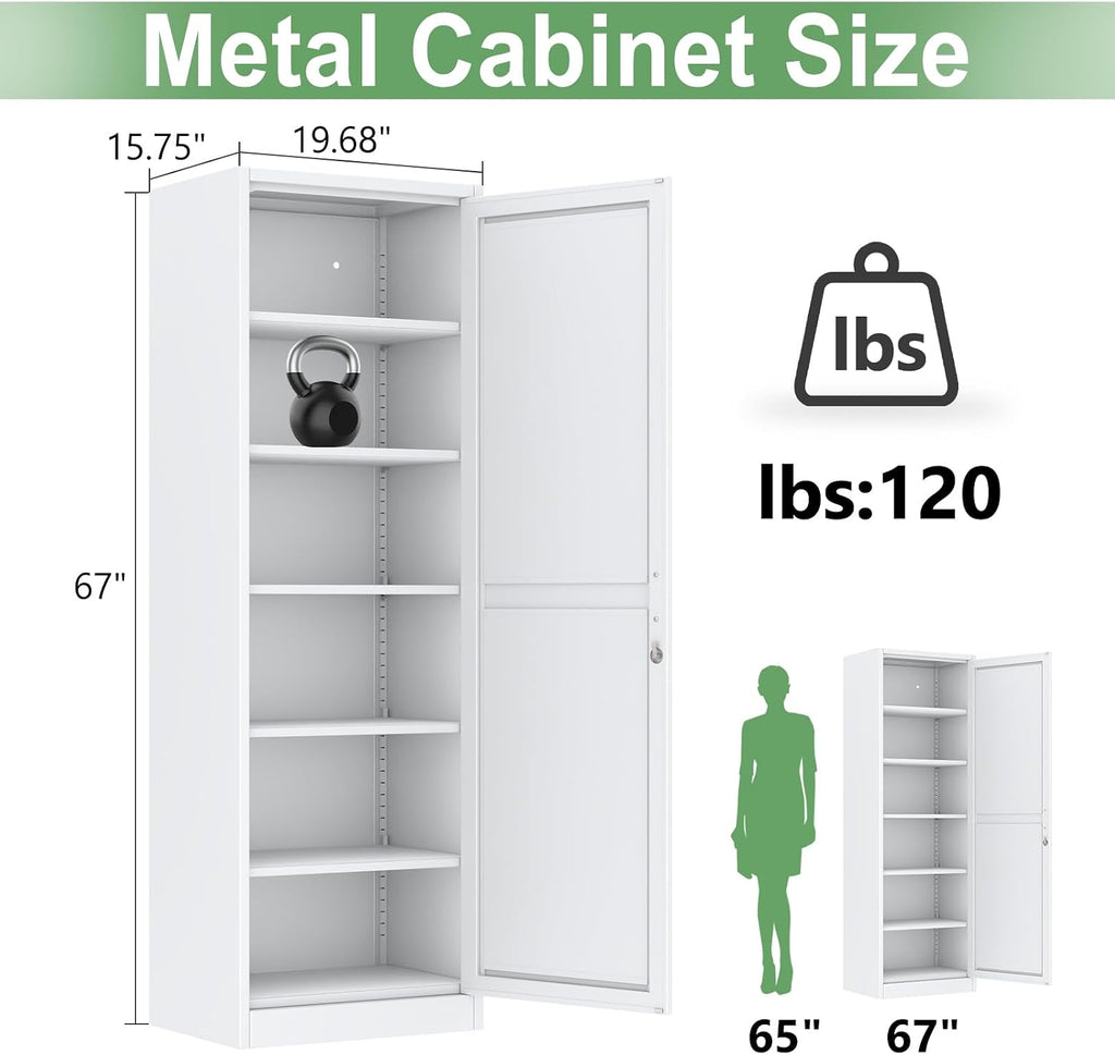 Ckzbx Metal Locker Tall Narrow Storage Cabinet, 67' H Locking Tool File Cabinets Snack Locker Organizer for School Classroom,Bedroom,Gym Home Office,Entryway and Hallway (20' W 1Door White)