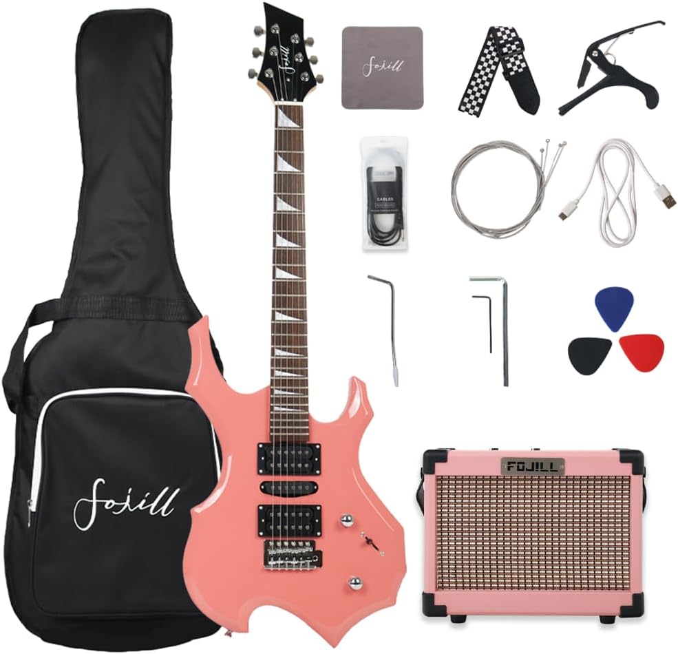 Fojill Heavy Metal Cool Shape Electric Guitar Kit Set Beginner Starter Combo Package Bundle Battery Power Bluetooth 10W Amplifier Amp Accessory Gig Bag,Picks, Cable,Strap,Extra Strings (FCGK-60, Pink)