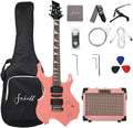 Fojill Heavy Metal Cool Shape Electric Guitar Kit Set Beginner Starter Combo Package Bundle Battery Power Bluetooth 10W Amplifier Amp Accessory Gig Bag,Picks, Cable,Strap,Extra Strings (FCGK-60, Pink)