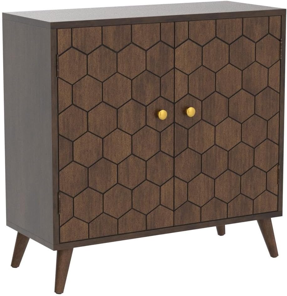 COSIEST 32' Storage Sideboard with Doors, Adjustable Shelf, Decorative Modern Accent Furniture for Living Room, Entryway, Kitchen (Brown, Honeycomb Pattern)