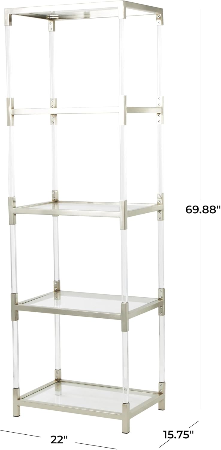 Deco 79 Acrylic Plastic Cube Shaped Shelving Unit with Silver Frame Supports, 22' x 16' x 70', Clear