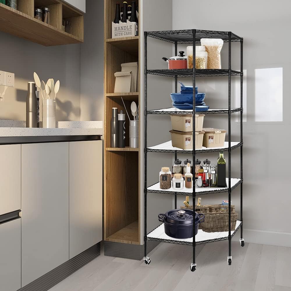 BNSPLY 6 Tier Corner Wire Shelving Unit, Adjustable Wire Shelf with Wheels, Metal Storage Shelves and Racks for Kitchen, Bathroom, Laundry, Pantry, Closet (27' D x 27' W x 71' H, Black)
