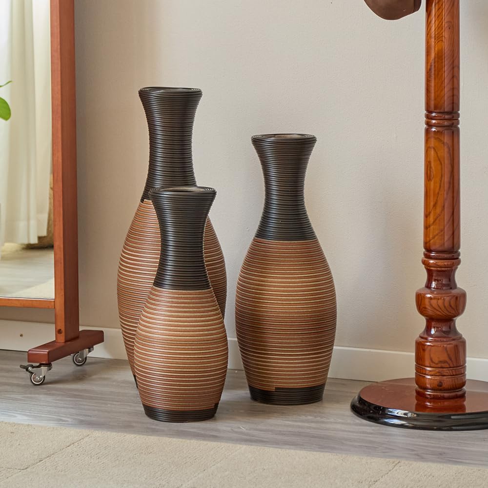 Floor PVC Decorated Vases Set of 3 for Gorgeous Home Decoration Large Classic PVC Vases 19.6in/23.6in/27.5in Height(Grey+Brown)