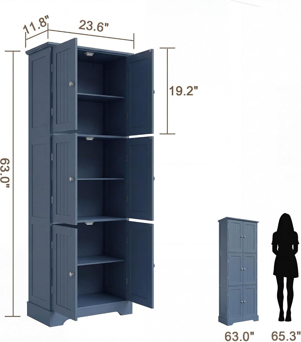 ChooChoo Tall Bathroom Storage Cabinet with 6 Doors, Freestanding Floor Cabinet with Adjustable Shelves, Blue Pantry Cabinet for Bathroom, Kitchen, Laundry Room