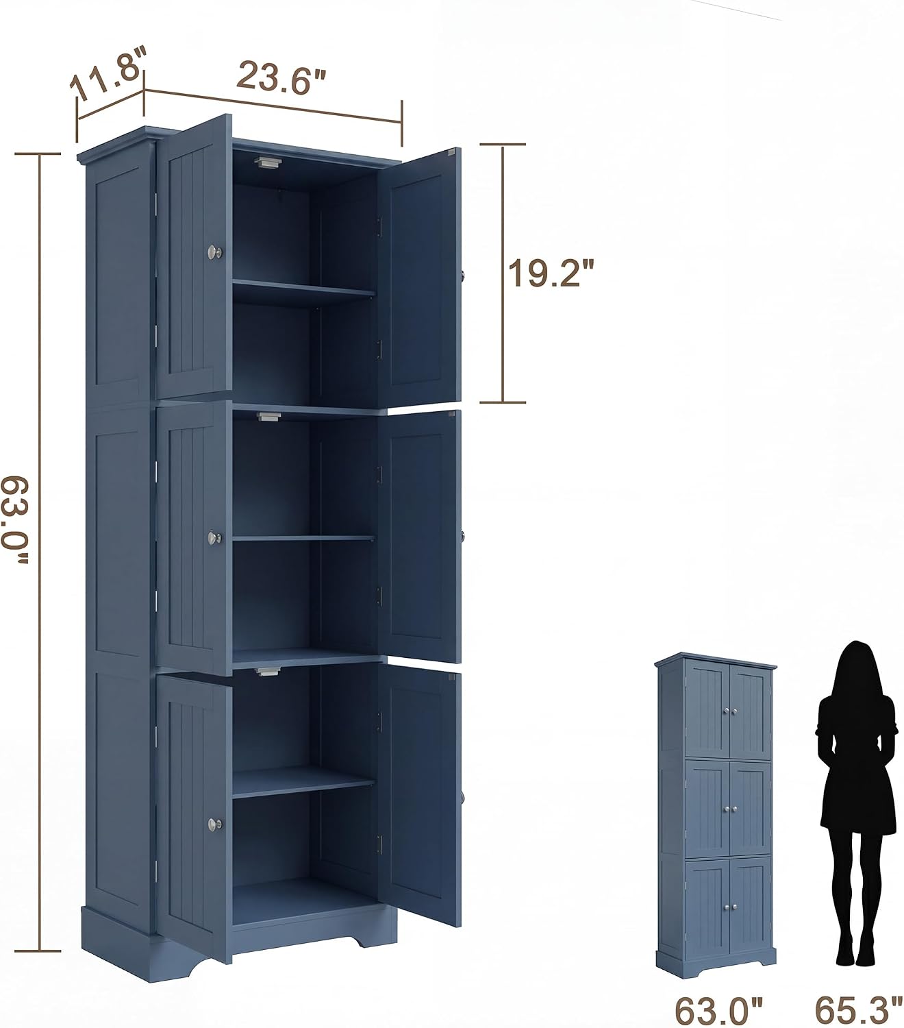 ChooChoo Tall Bathroom Storage Cabinet with 6 Doors, Freestanding Floor Cabinet with Adjustable Shelves, Blue Pantry Cabinet for Bathroom, Kitchen, Laundry Room