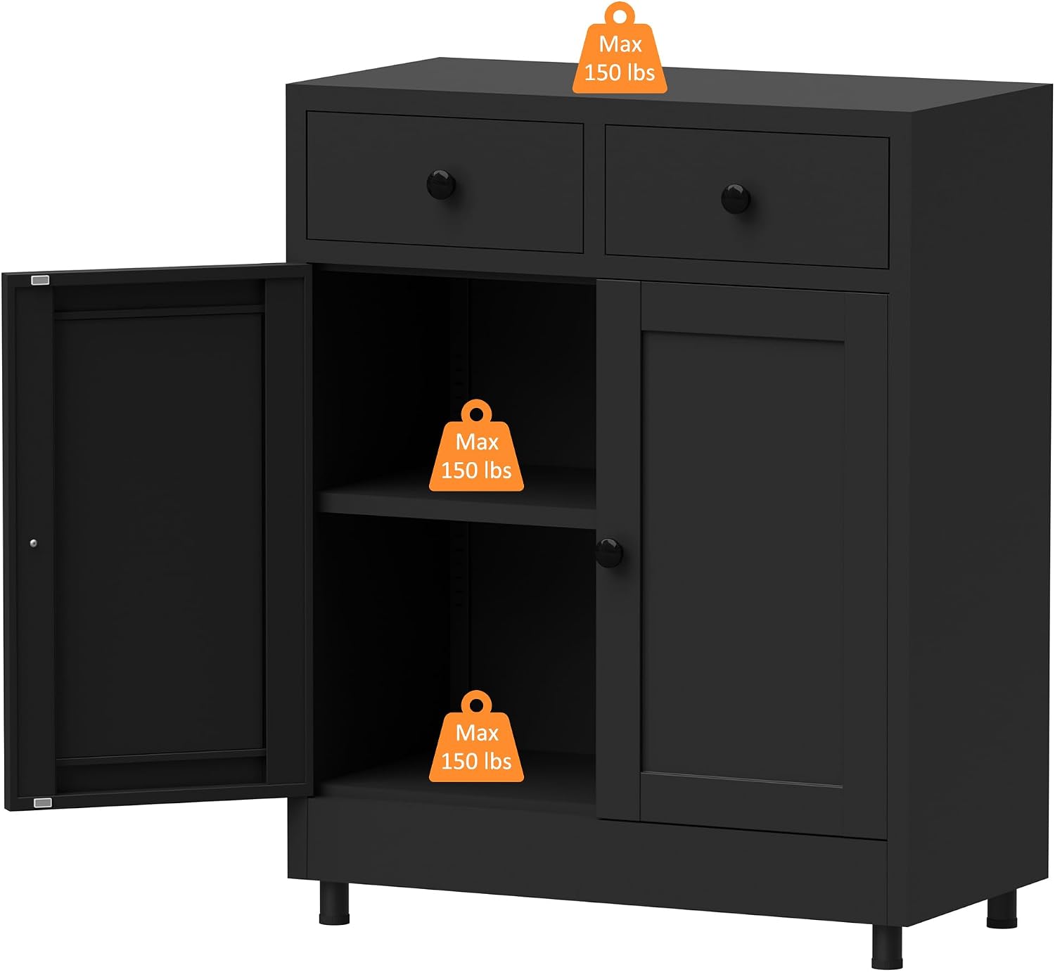 Metal Storage Cabinet with 2 Drawers and Adjustable Shelf, Sideboard Buffet Cabinet for Home, Office, Hallway, Entryway, Living Room, Kitchen Pantry and Dining Room (Black)