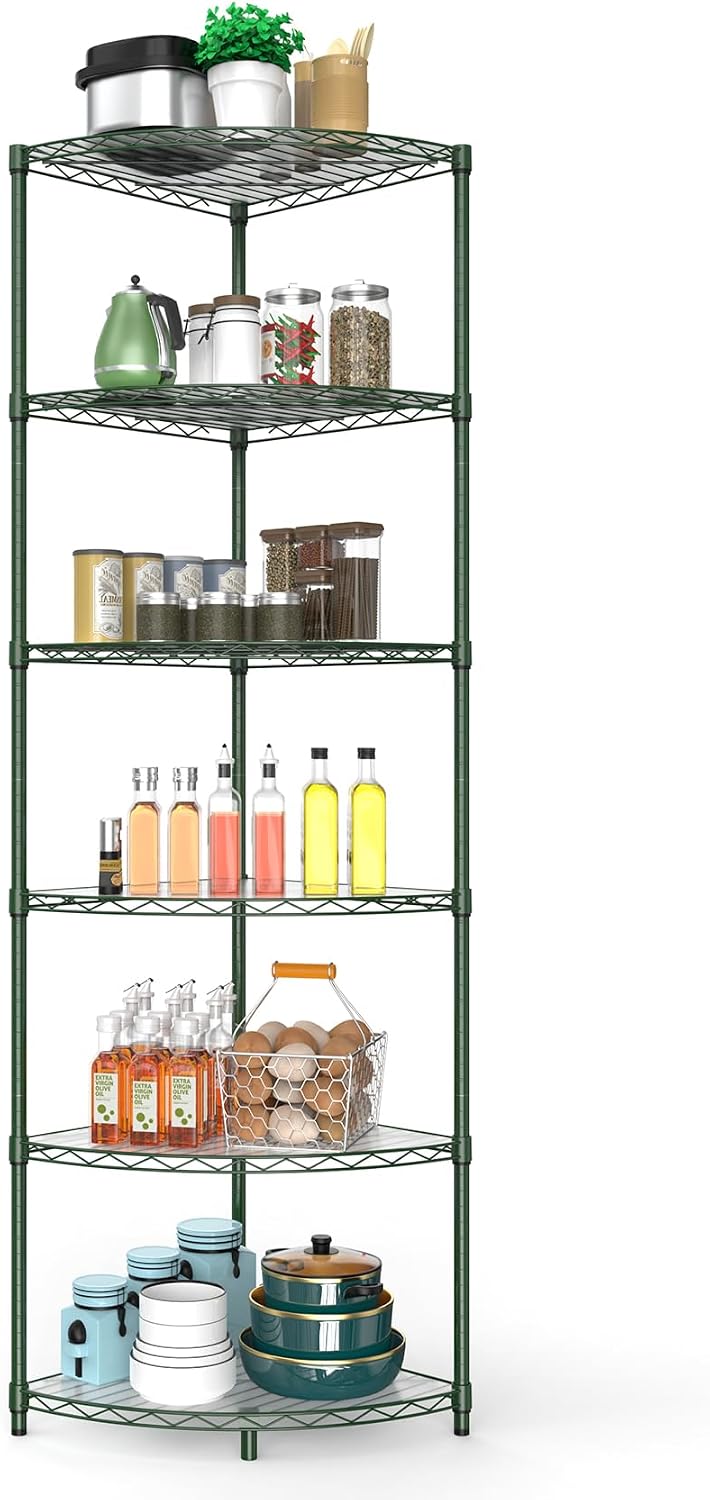 6 Tier NSF Corner Wire Shelf Shelving Unit, 18 x 18 x 72 Inch 420lbs Capacity Heavy Duty Adjustable Metal Storage Rack with Leveling Feet & Shelf Liners for Office Kitchen Bathroom and More - Green