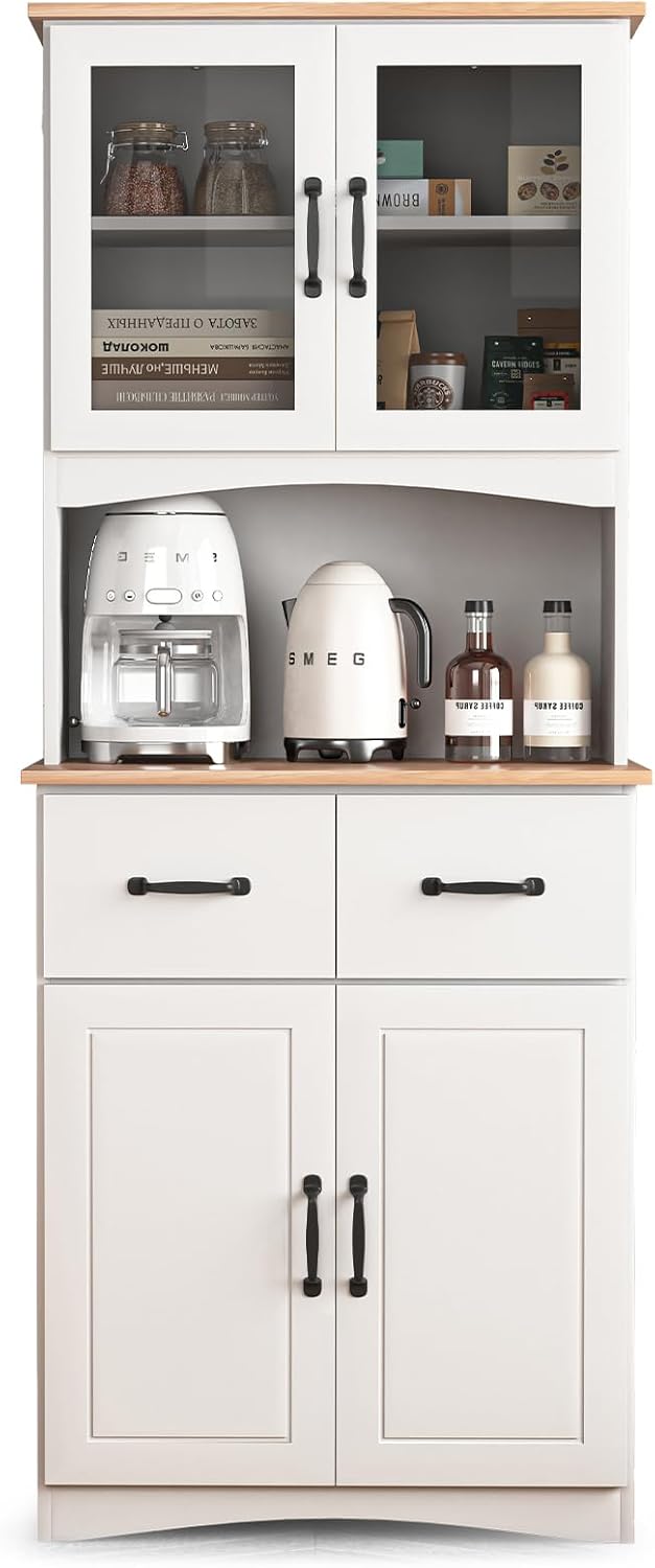 67' Kitchen Pantry Cabinet with Glass Doors & Drawers, Adjustable Shelves, Anti-Tip, Space-Saving Microwave Stand for Small Kitchens