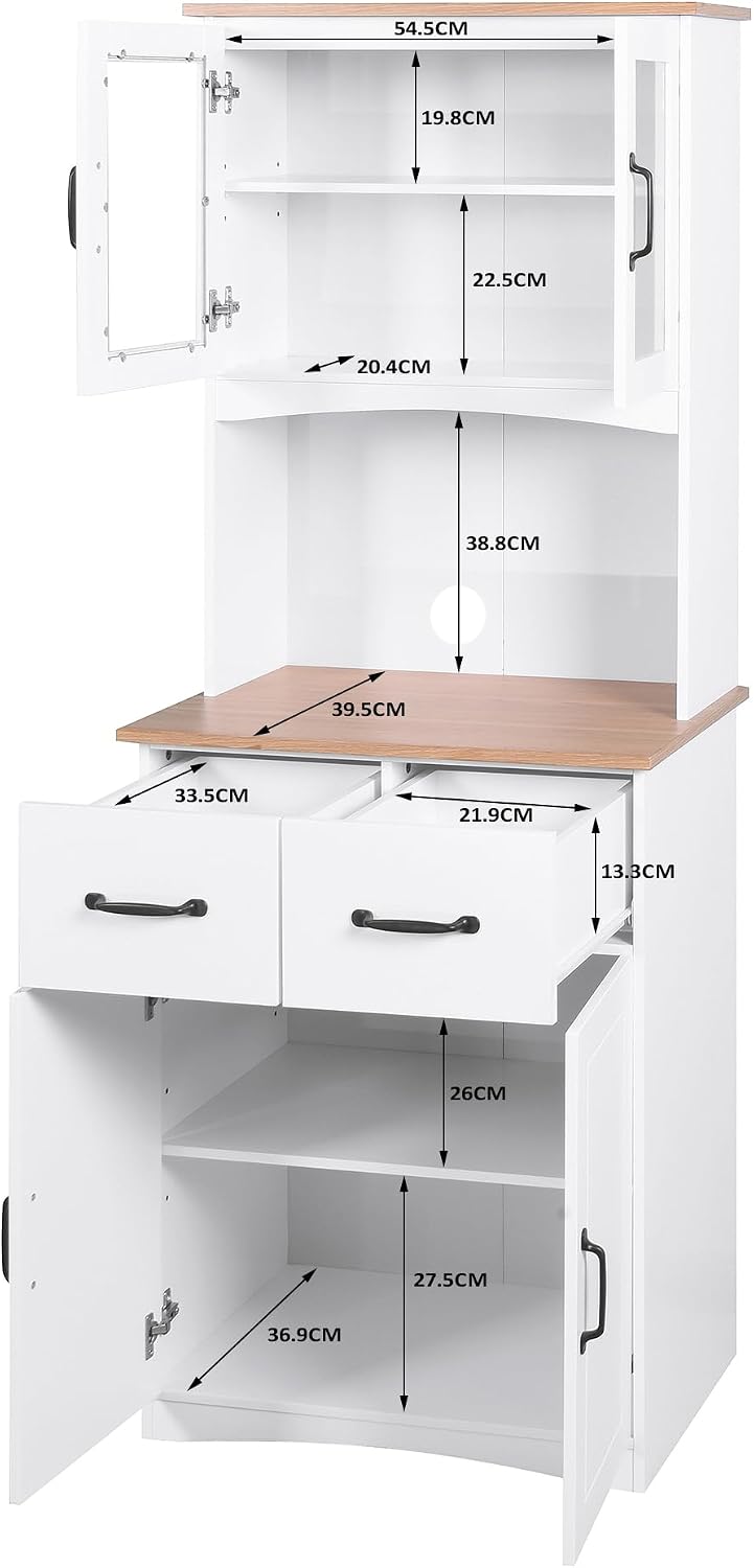Wooden-Style Kitchen Cabinet with Framed Glass Doors & Drawer - Microwave Stand with Storage, Adjustable Shelfes for Kitchen, Dining Room (White)