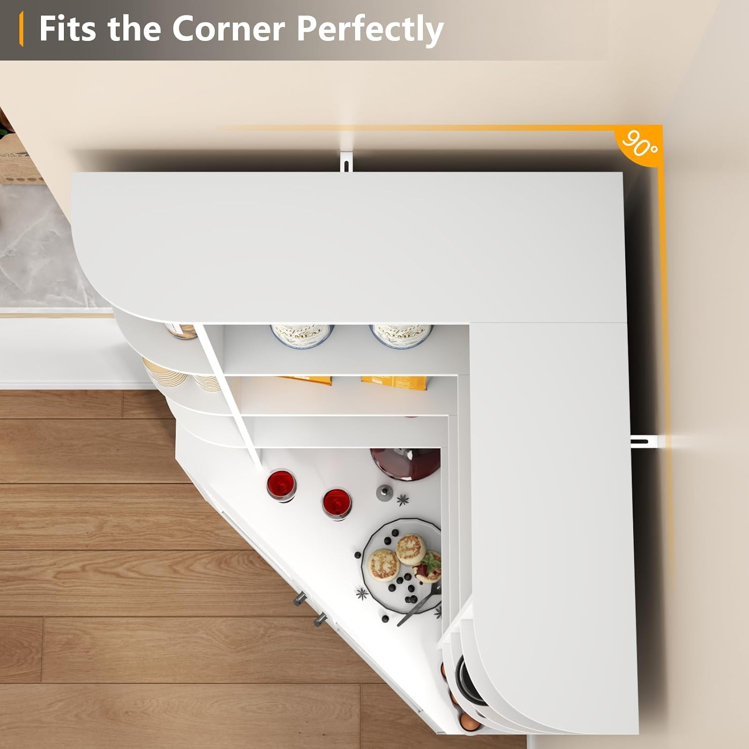 Corner Bookshelf with Doors, 6 Tier Corner Bookcase with Storage Cabinet, White L-Shaped Book Shelf with 8 Open Racks , Farmhouse Etagere Bookshelf with Full Baffle for Living Room Home Office (White)