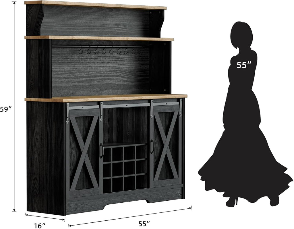 BestHaped 55'' Farmhouse Coffee Bar Cabinet with 3 Tier Storage Hutch, Coffee Bar Station with Sliding Barn Door, Hutch Storage Cabinet with 12 Wine Racks & 9 Hooks for Kitchen Dining Living Room