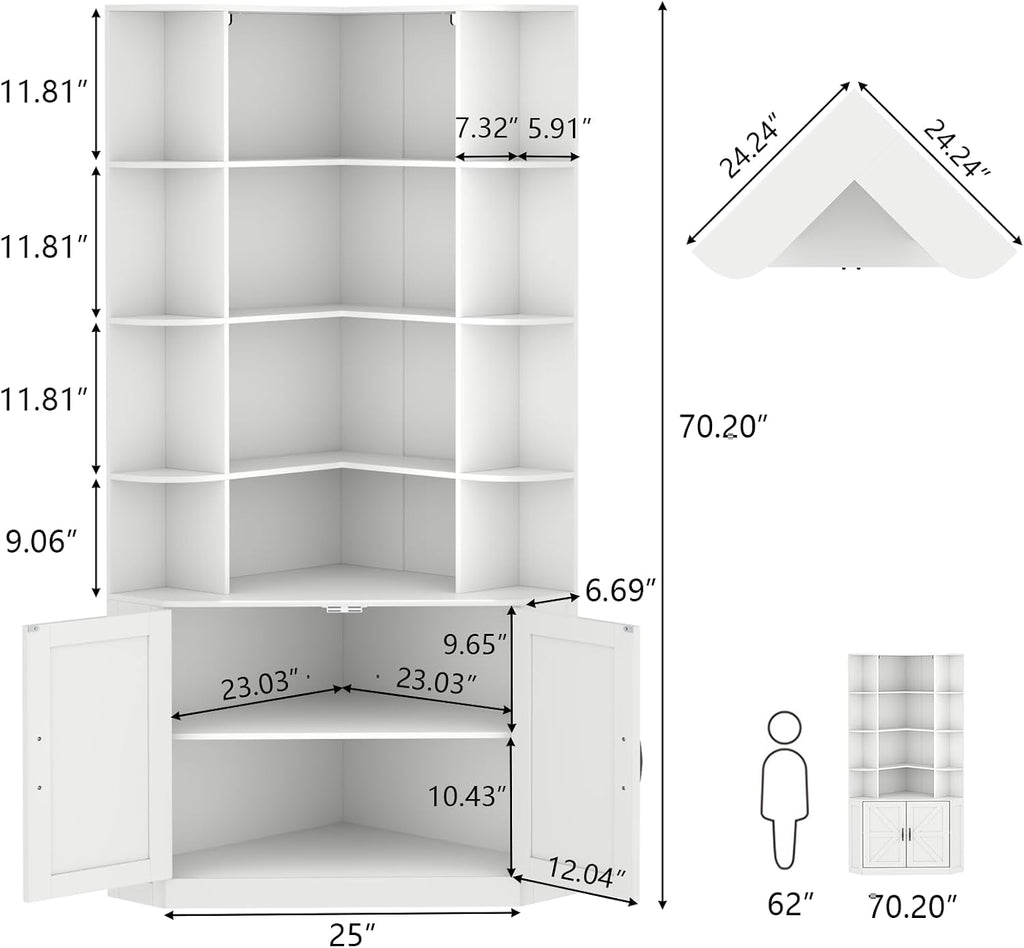 Corner Bookshelf with Doors, 6 Tier Corner Bookcase with Storage Cabinet, White L-Shaped Book Shelf with 8 Open Racks , Farmhouse Etagere Bookshelf with Full Baffle for Living Room Home Office (White)