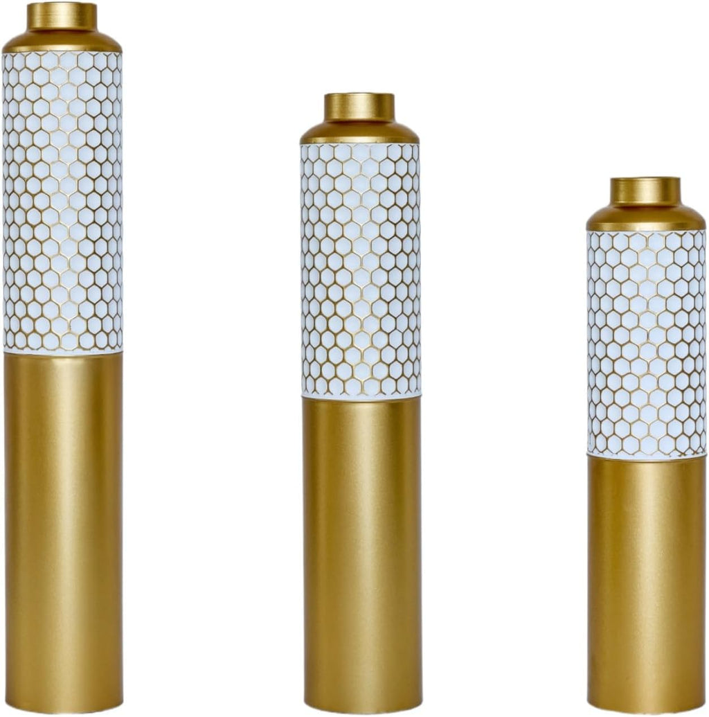 Modern Metal Standing Vase Set of 3, Gold & White Hexagon Pattern Floor Vases，Modern Glam Home Decor for Living Room, Entryway, Hallway (White&Gold - 32.6'/ 28.34'/ 24' Height)