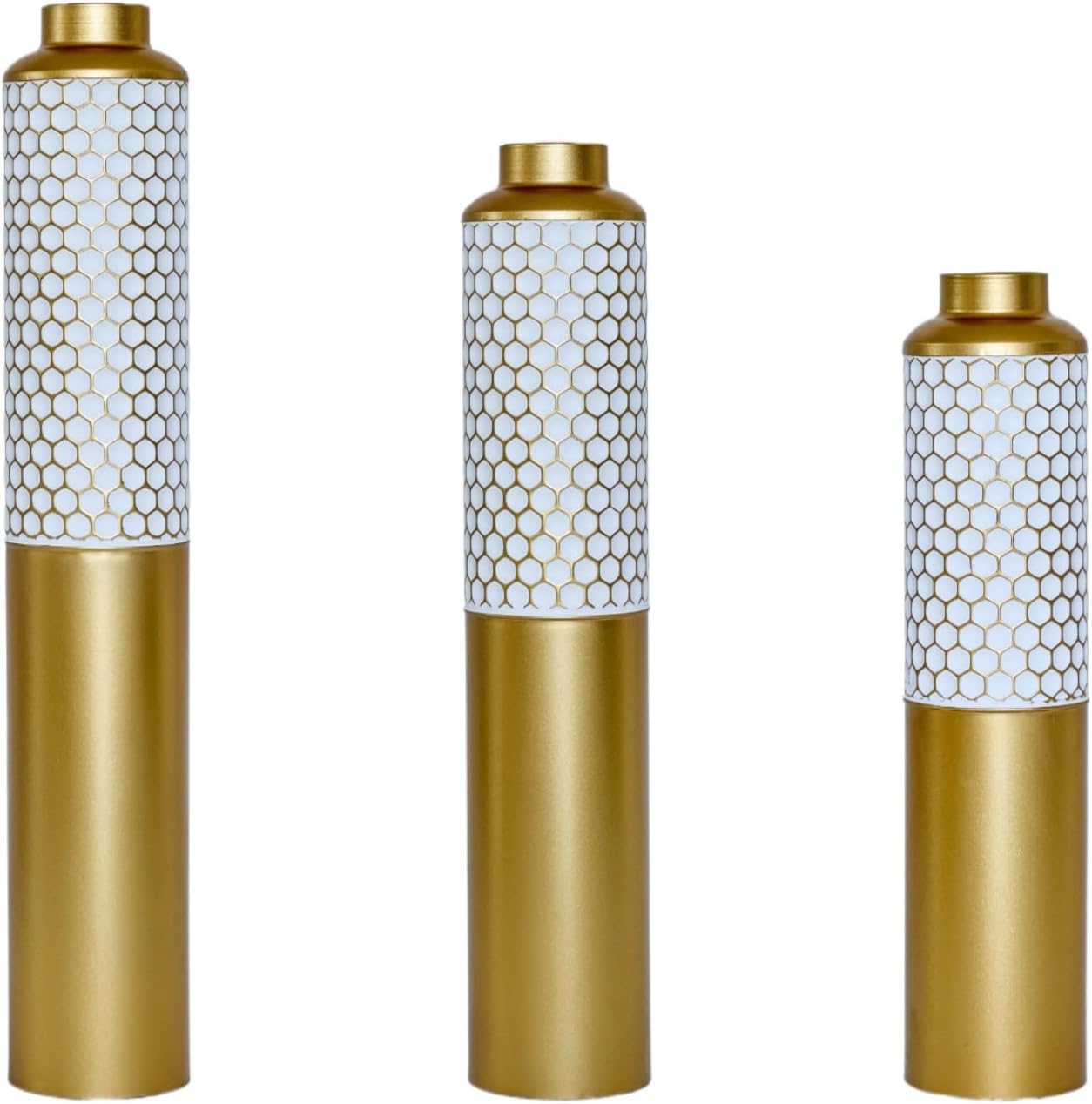 Modern Metal Standing Vase Set of 3, Gold & White Hexagon Pattern Floor Vases，Modern Glam Home Decor for Living Room, Entryway, Hallway (White&Gold - 32.6'/ 28.34'/ 24' Height)